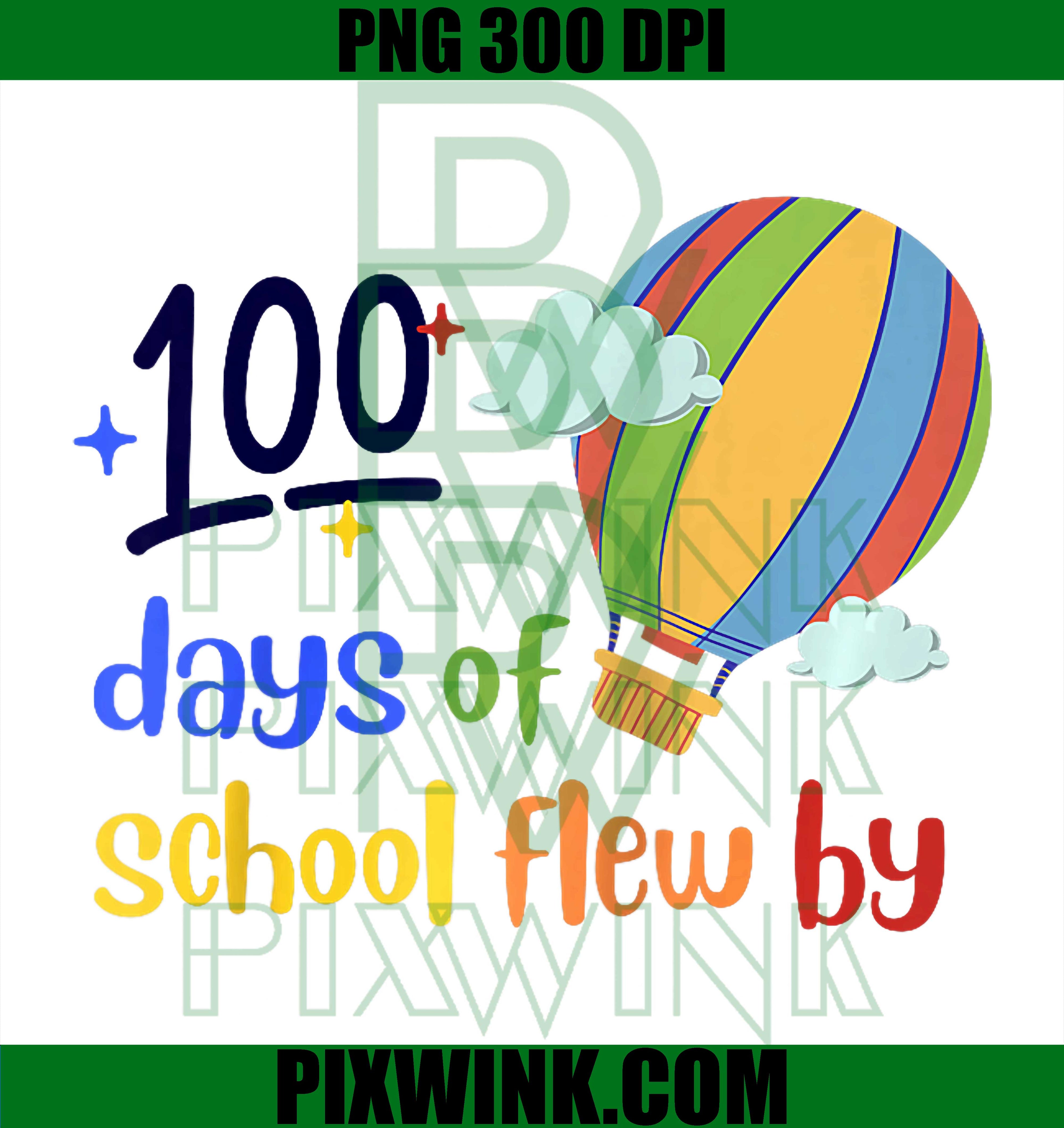 100th Days of School Flew By, Hot Air Balloon Raglan Baseball PNG
