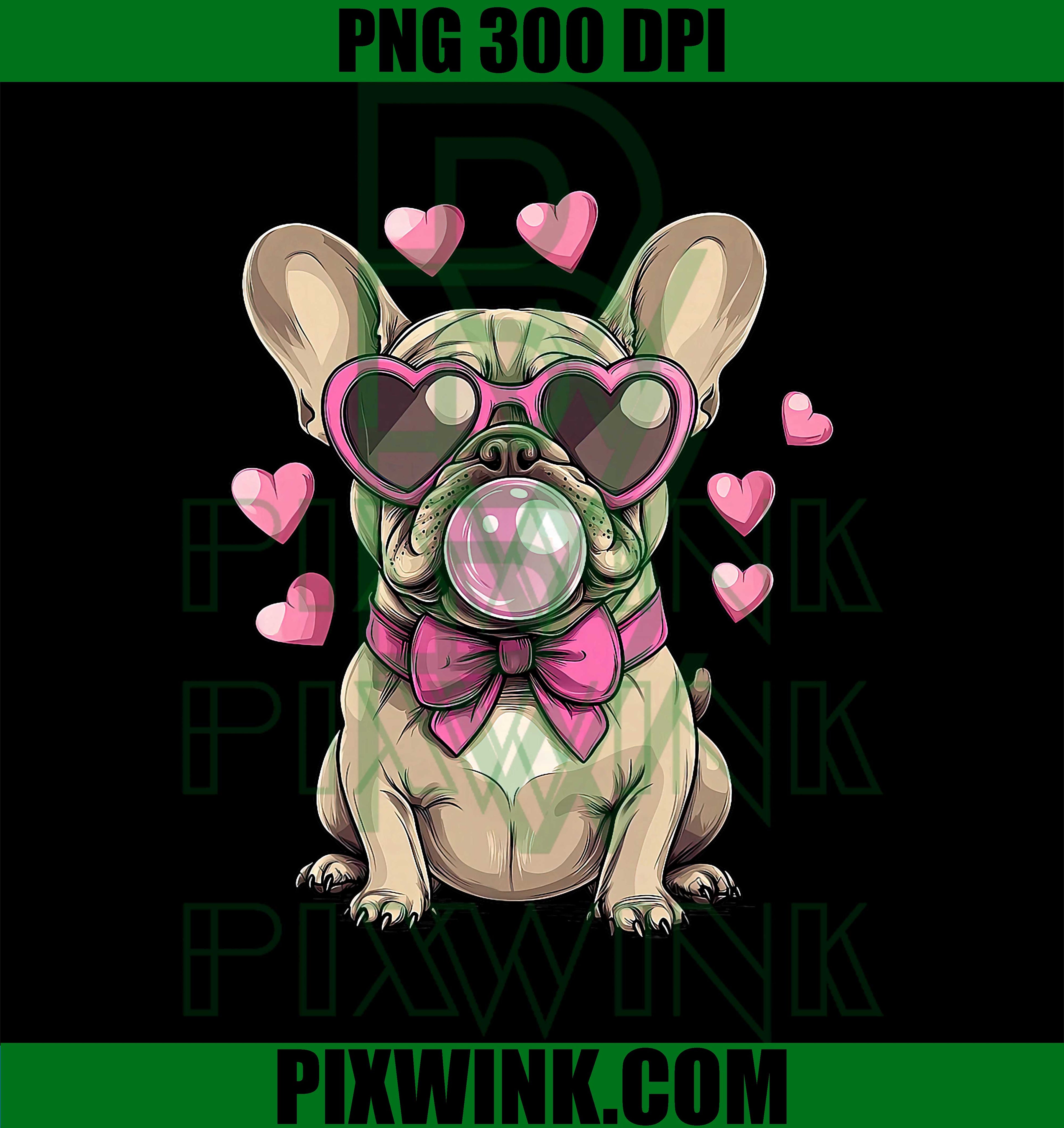 French Bulldog Blowing Bubble Heart Glasses Valentine Day PNG
