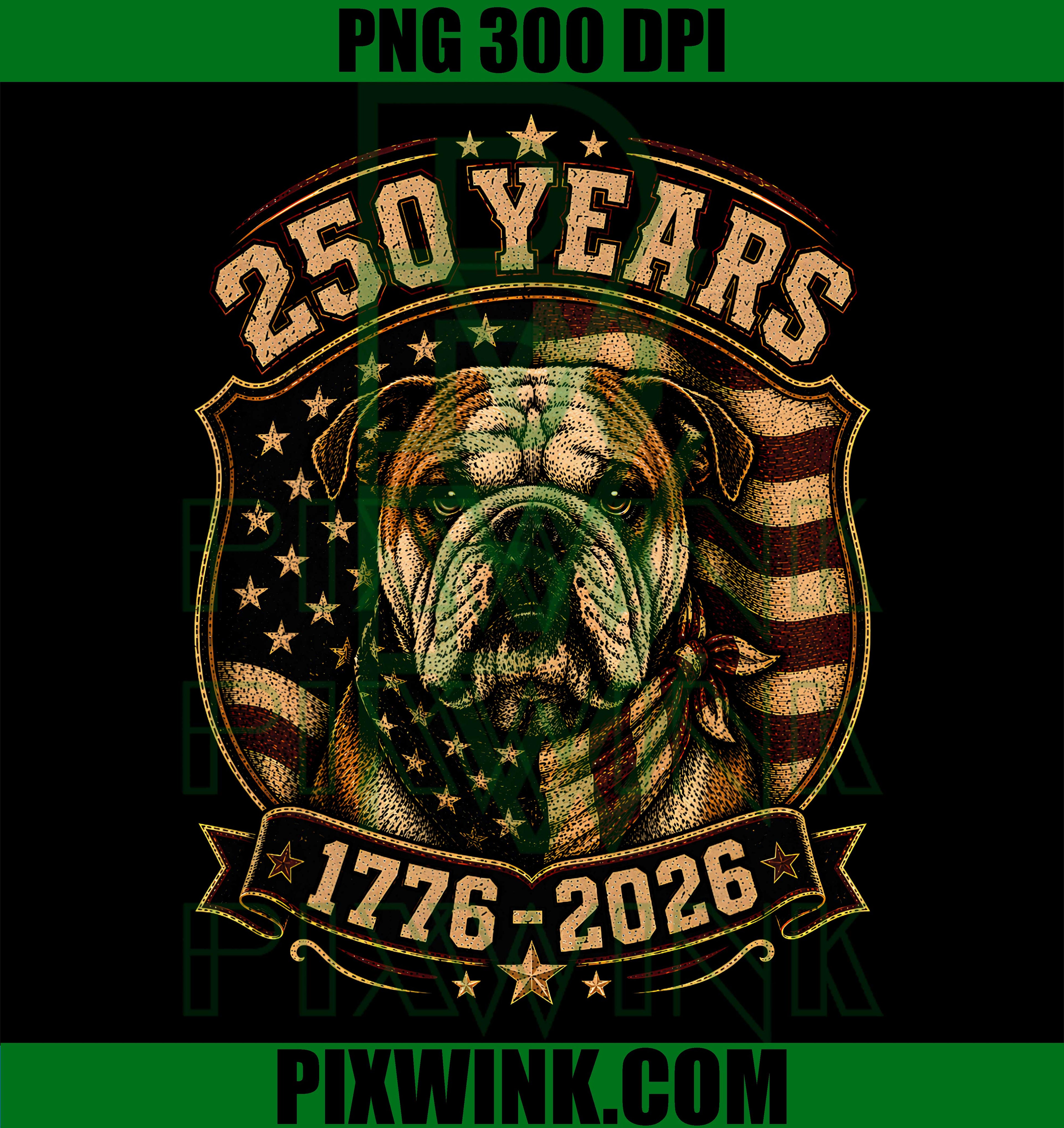 250th Anniversary USA 2026 PNG, American Flag Funny Bulldog PNG