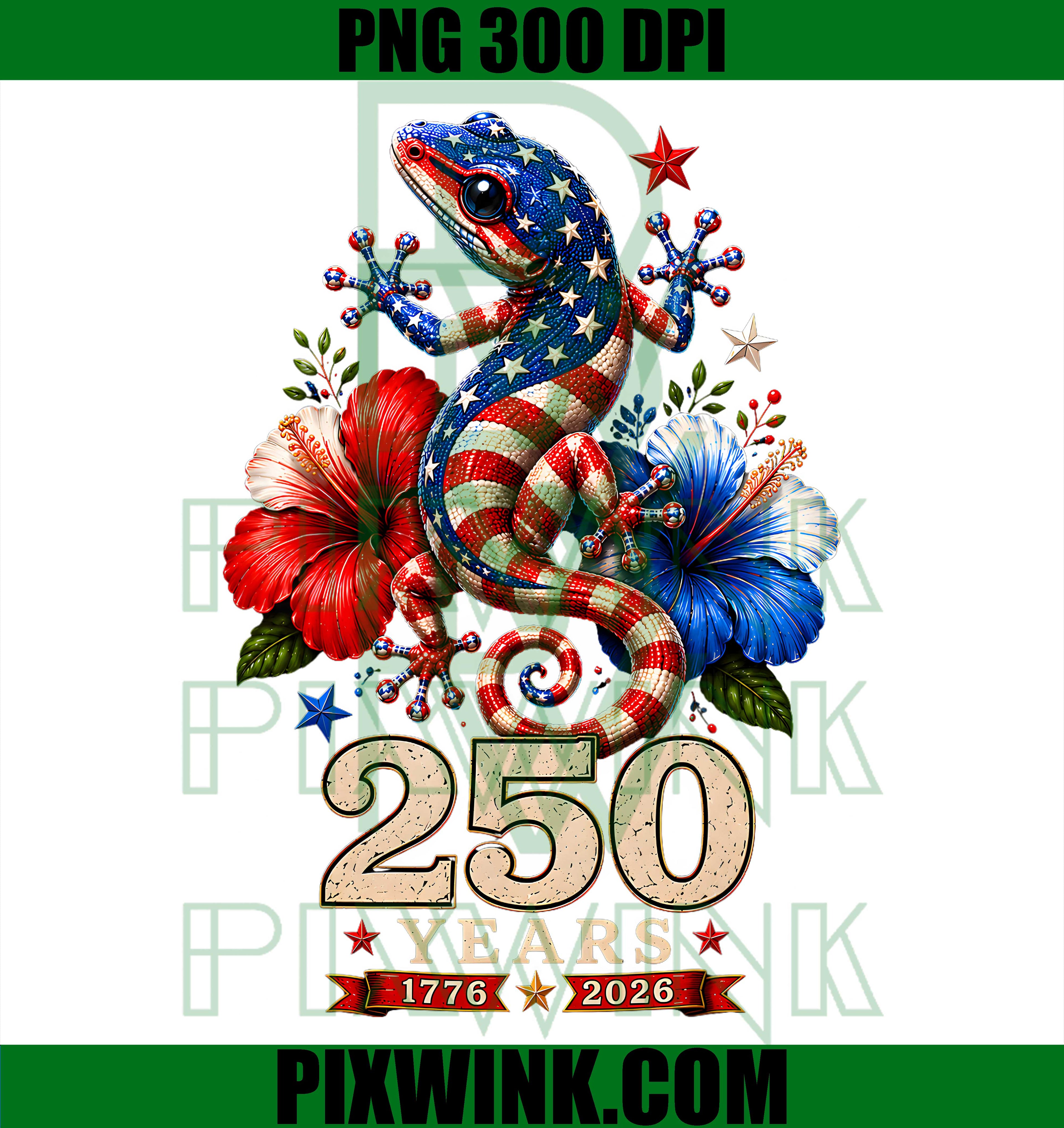 250 Years 1776 2026 Patriotic Gecko Lizard PNG,Funny 4th July PNG
