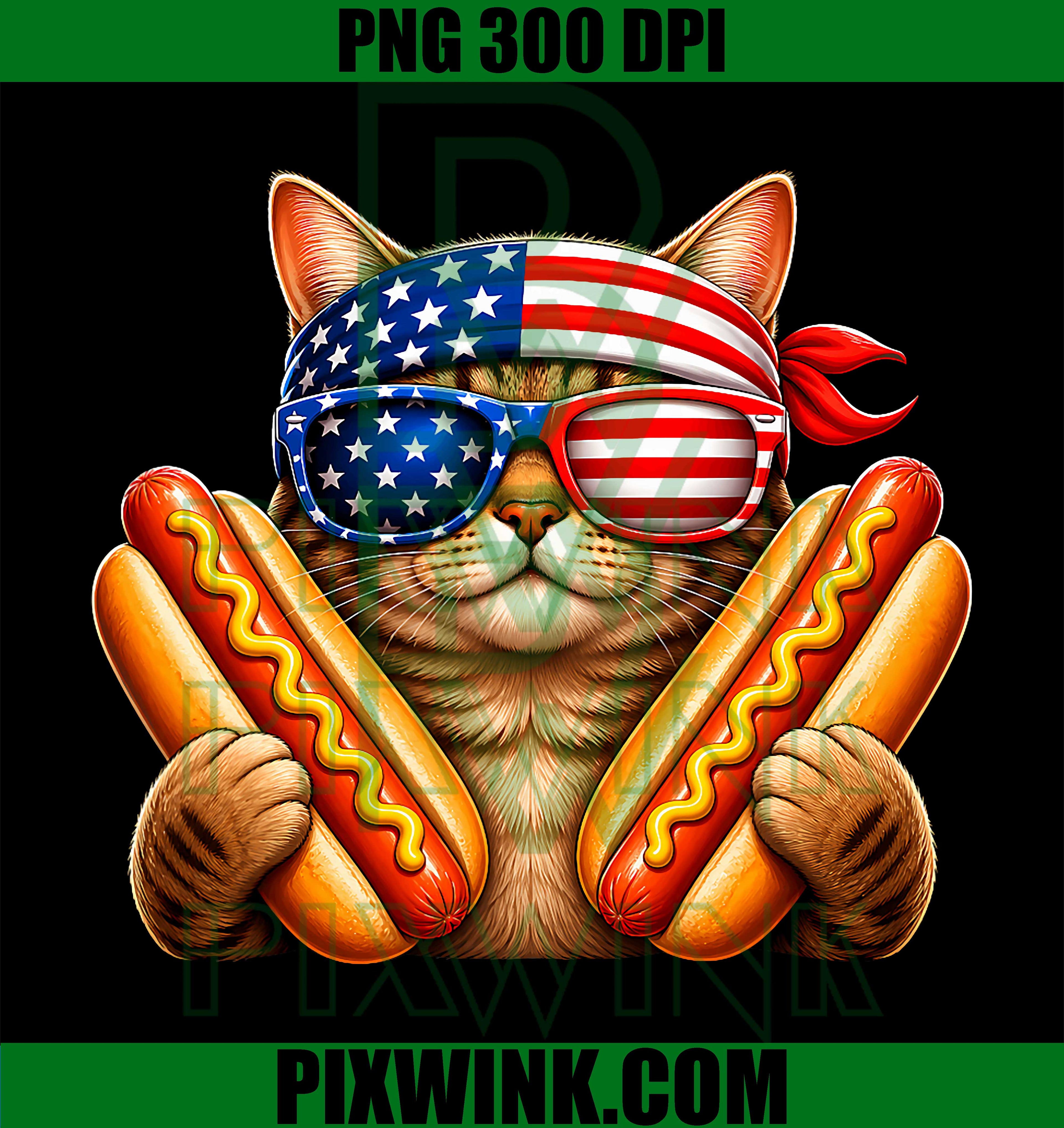 Funny Cat Hotdog 4th Of July PNG, Patriotic USA Flag Men Women Graphic PNG