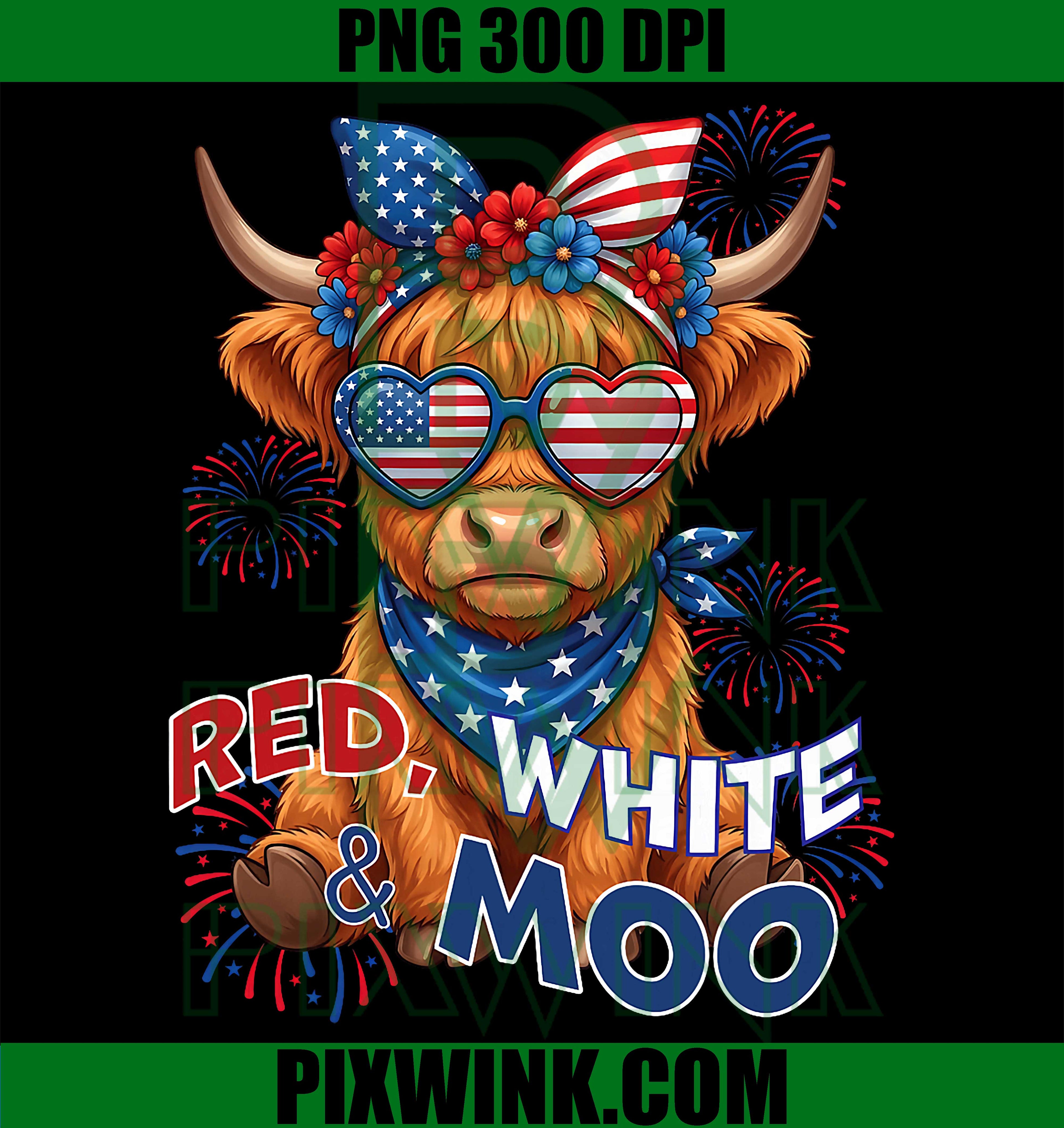 Red White Moo PNG, Highland Cow Patriotic 4th July PNG