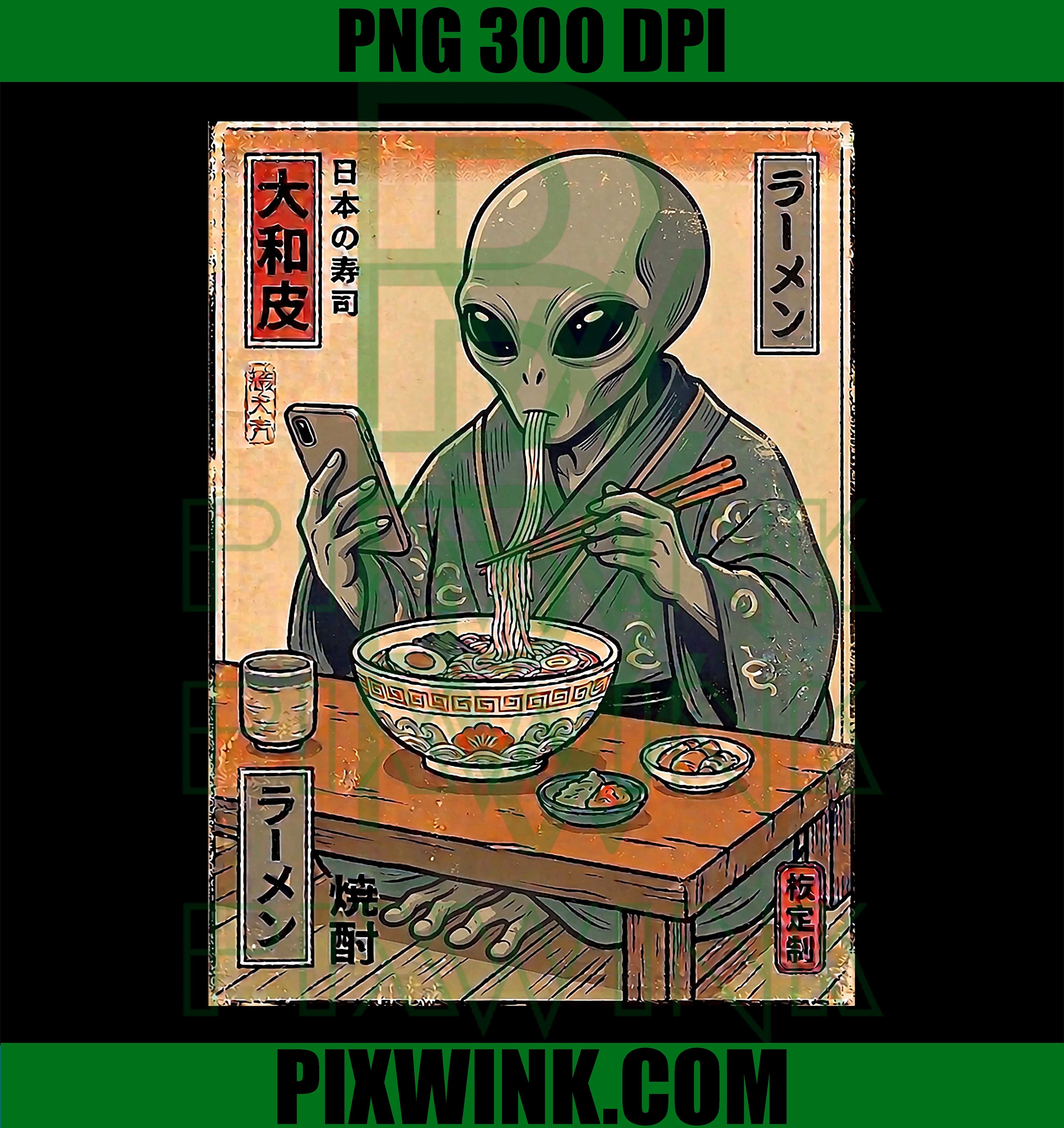 Alien Eating Ramen PNG, Retro Japanese PNG Funny Food Design