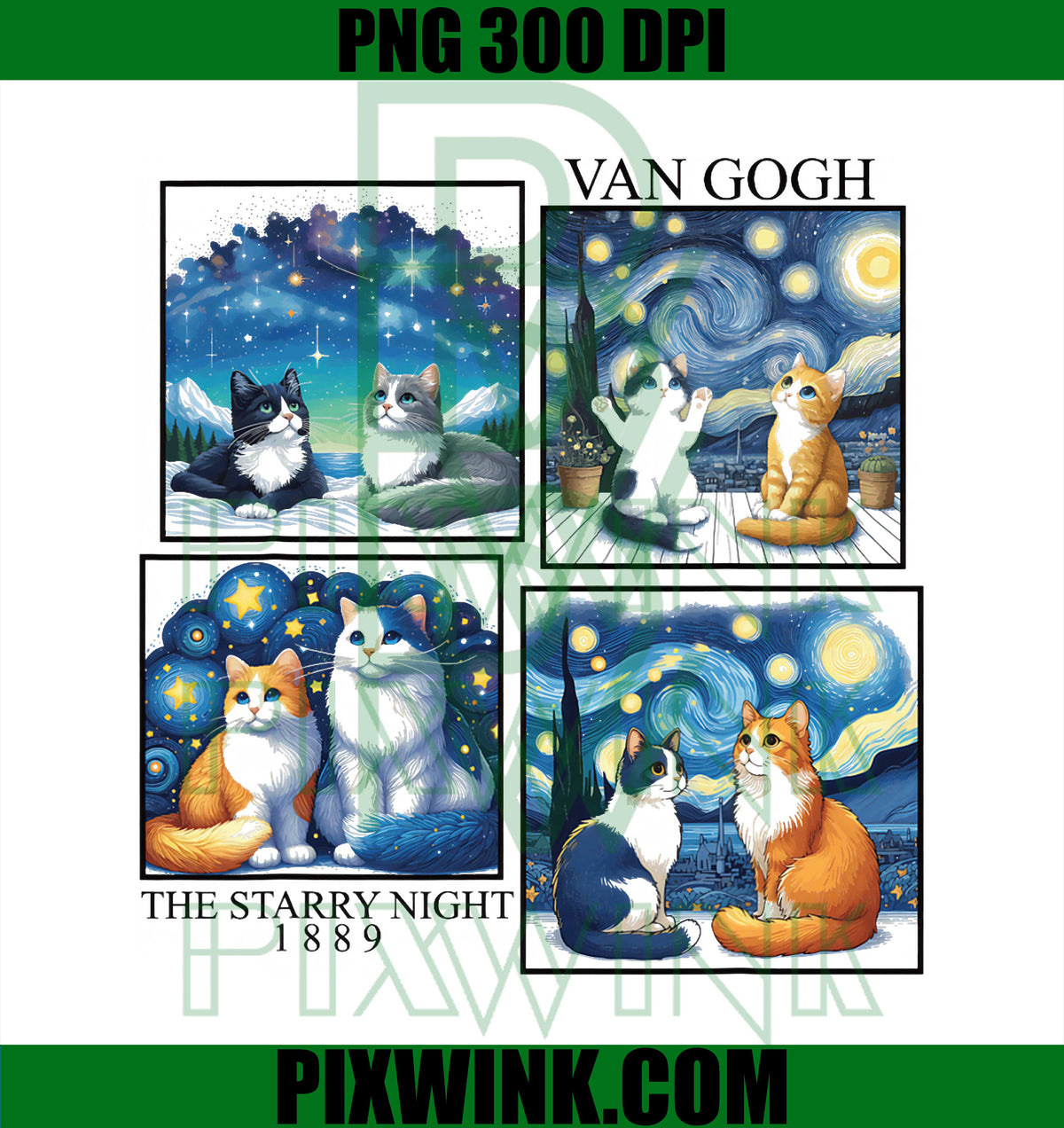 Starry Night Cat Art Van Gogh Inspired Cosmic Night Sky Art PNG