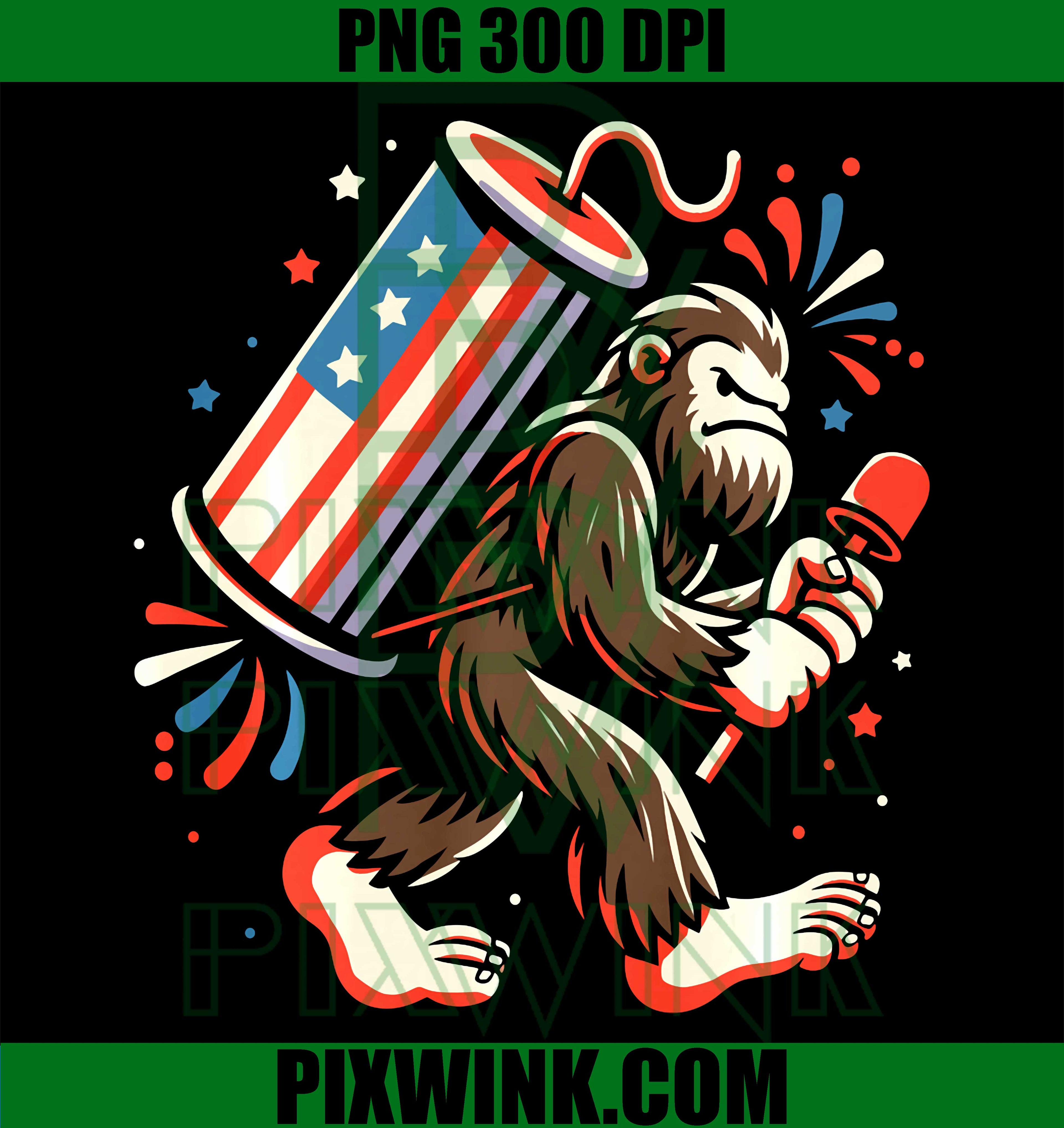 Retro Bigfoot Fireworks PNG, Sasquatch American Flag PNG
