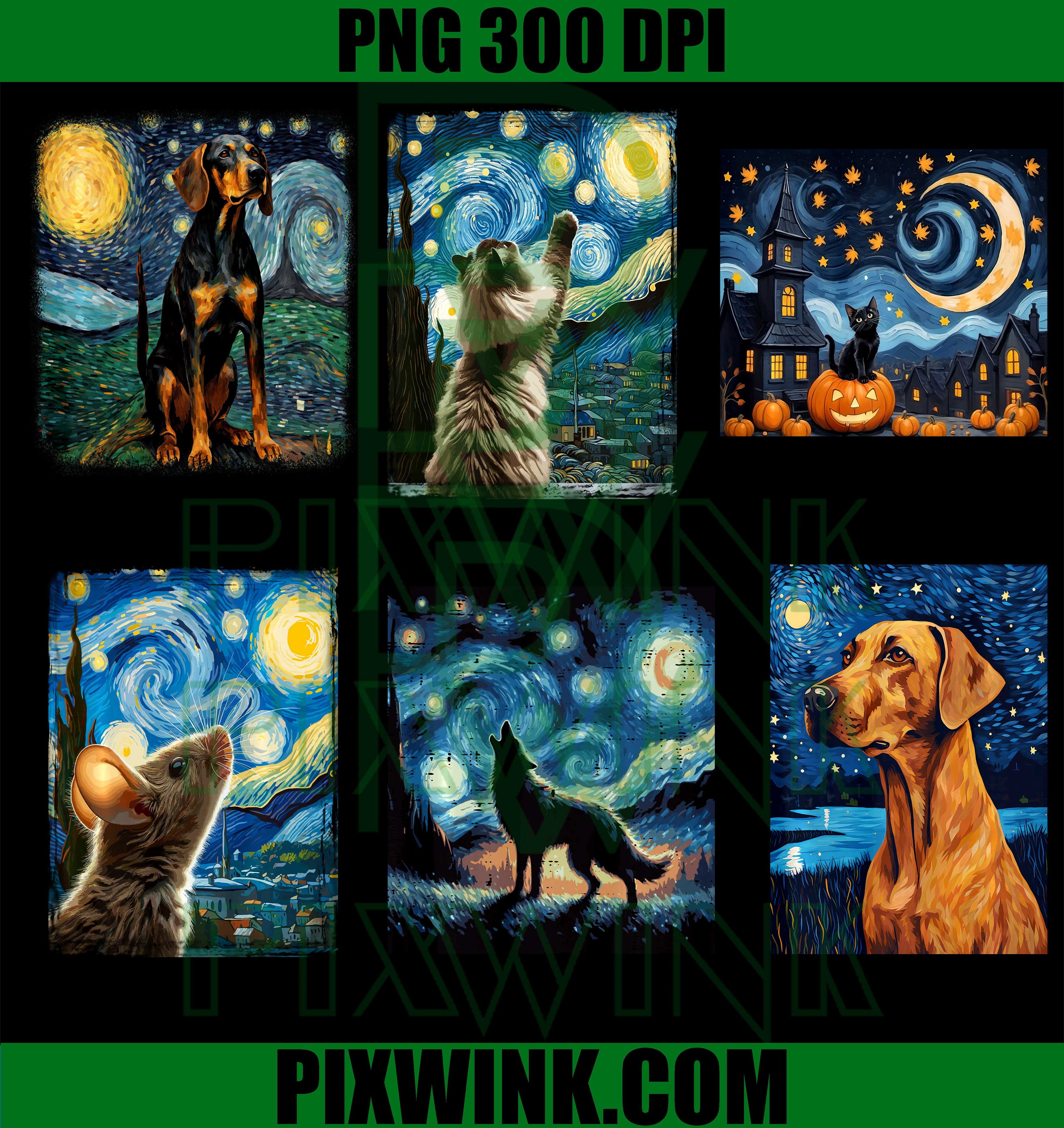 Starry Night Animal Bundle PNG, Dog Cat Wolf Starry Night PNG