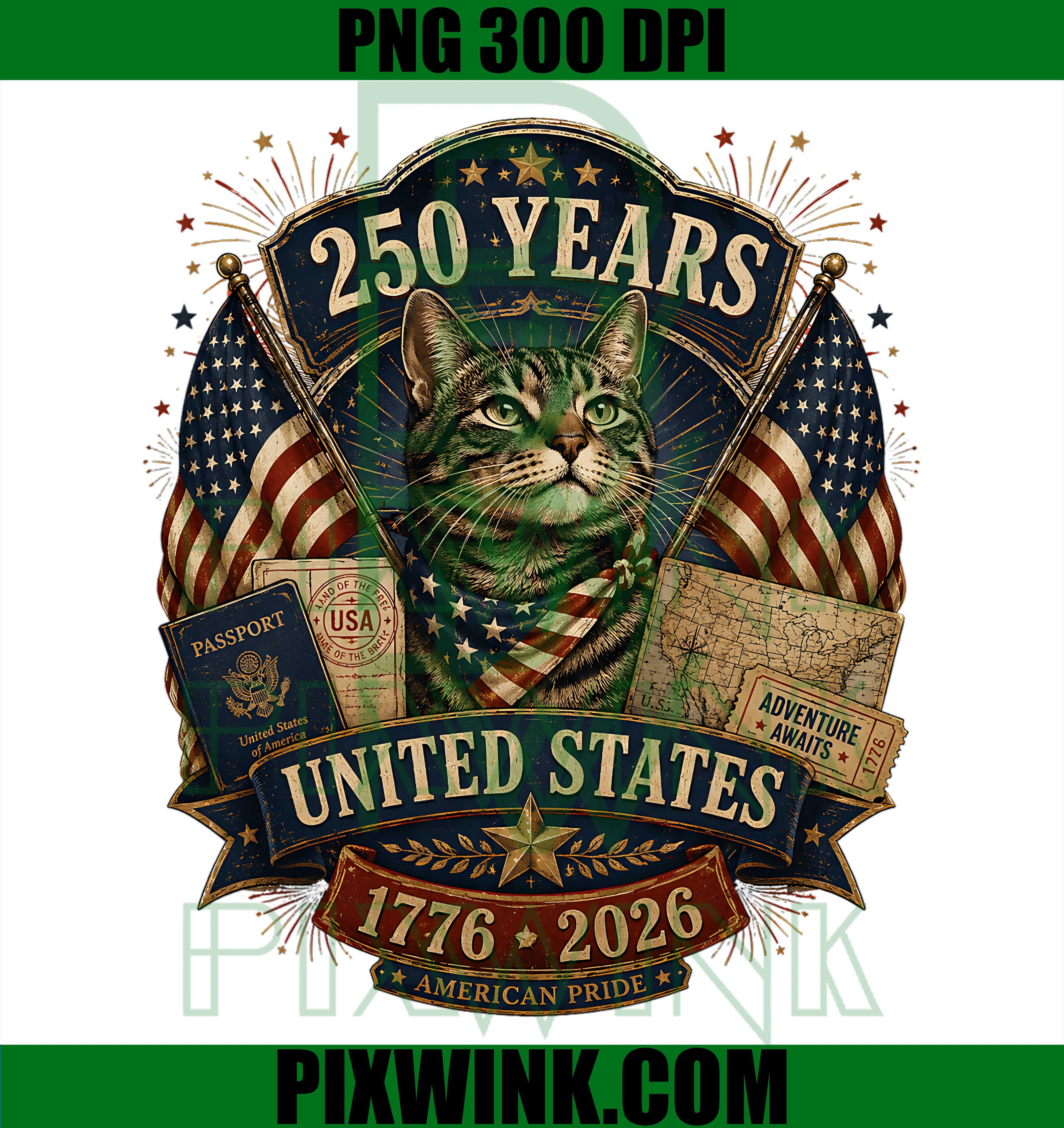 250th Anniversary America Cat PNG, Patriotic USA 4th of July PNG