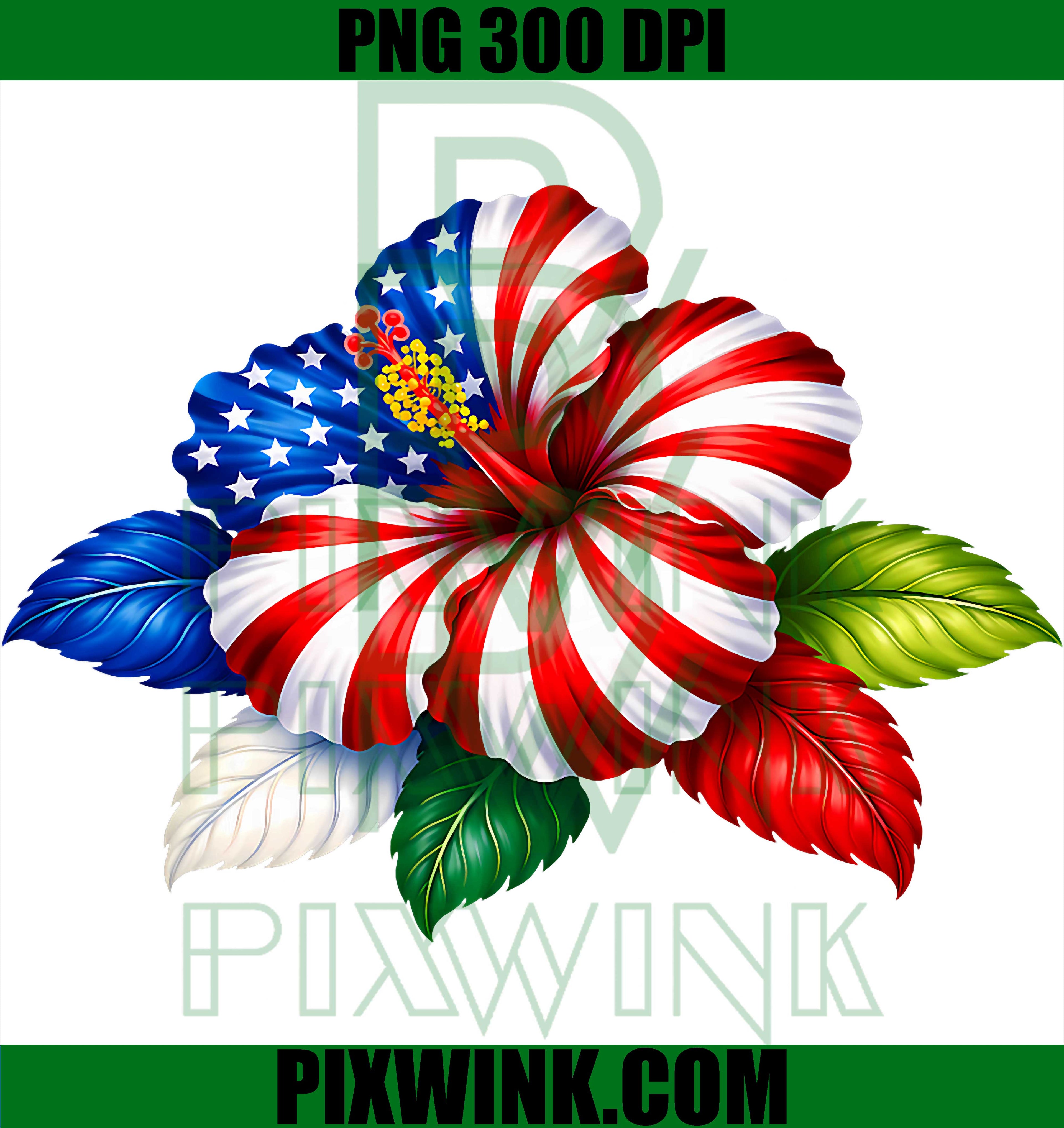 Funny Hibiscus Flower USA Flag PNG, Patriotic 4th of July Floral PNG