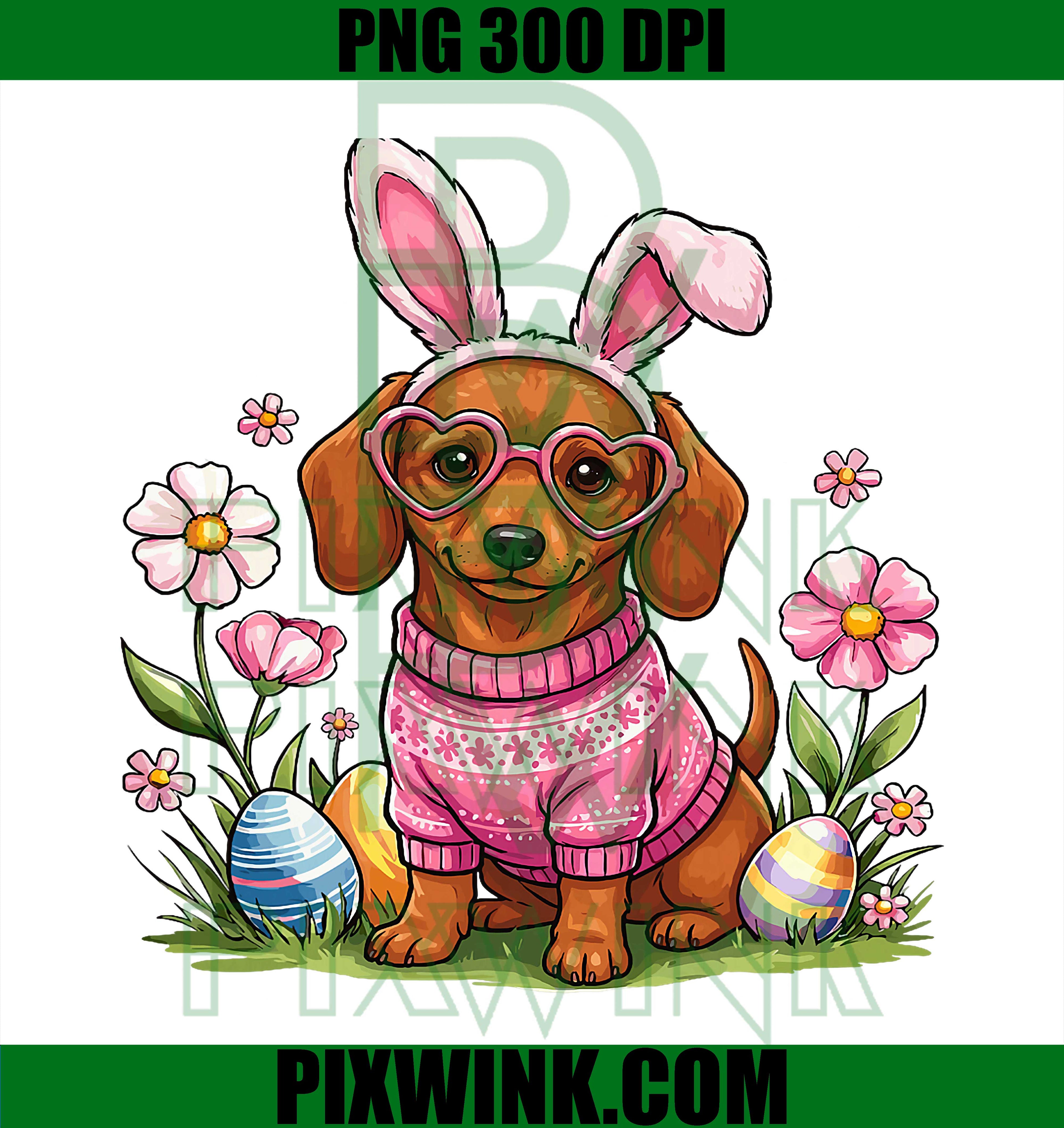 Easter Dachshund Bunny Ears PNG, Cute Dog Easter Basket Eggs PNG