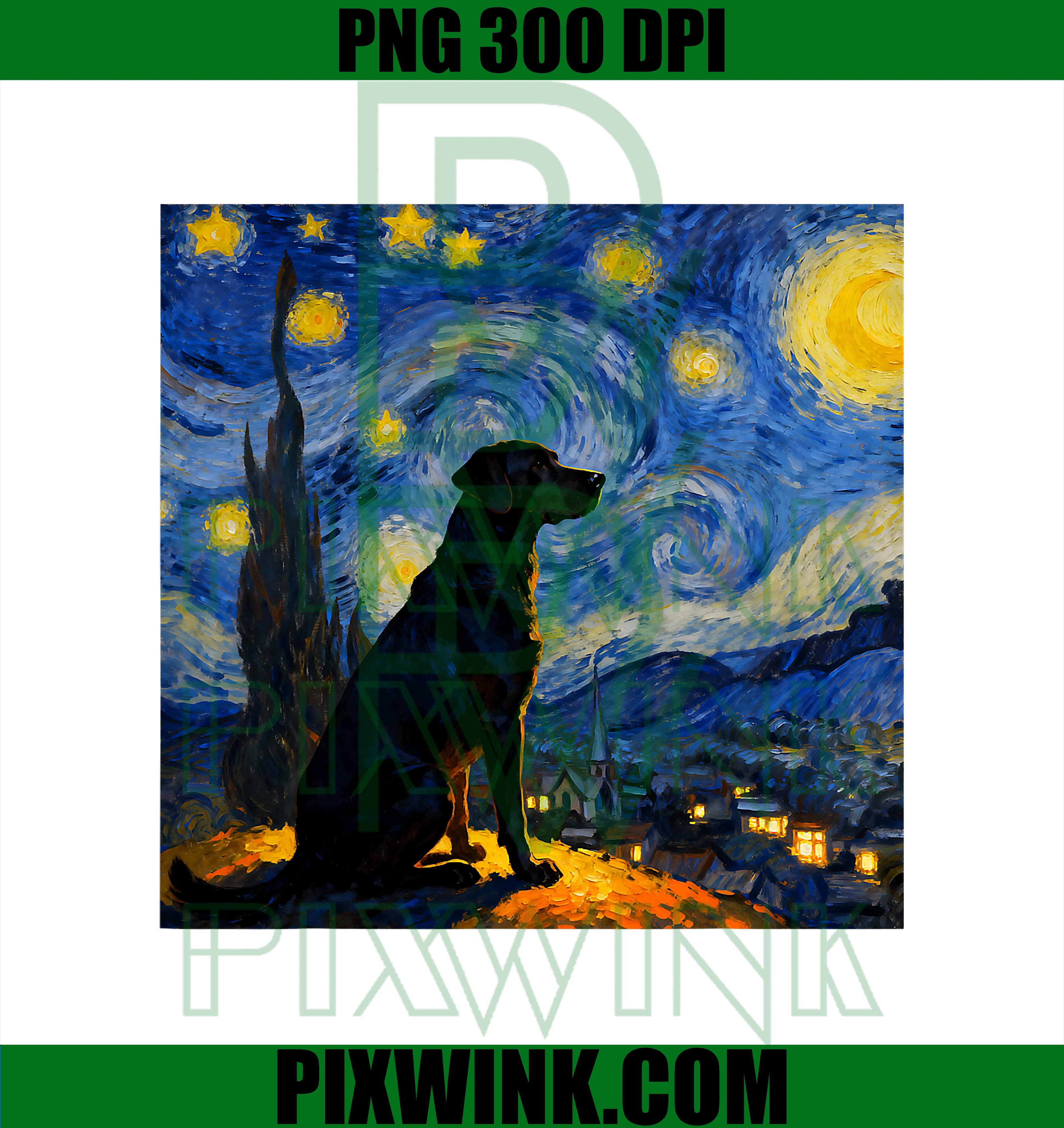 Funny Black Labrador Graphic Van Gogh Style Starry Night PNG