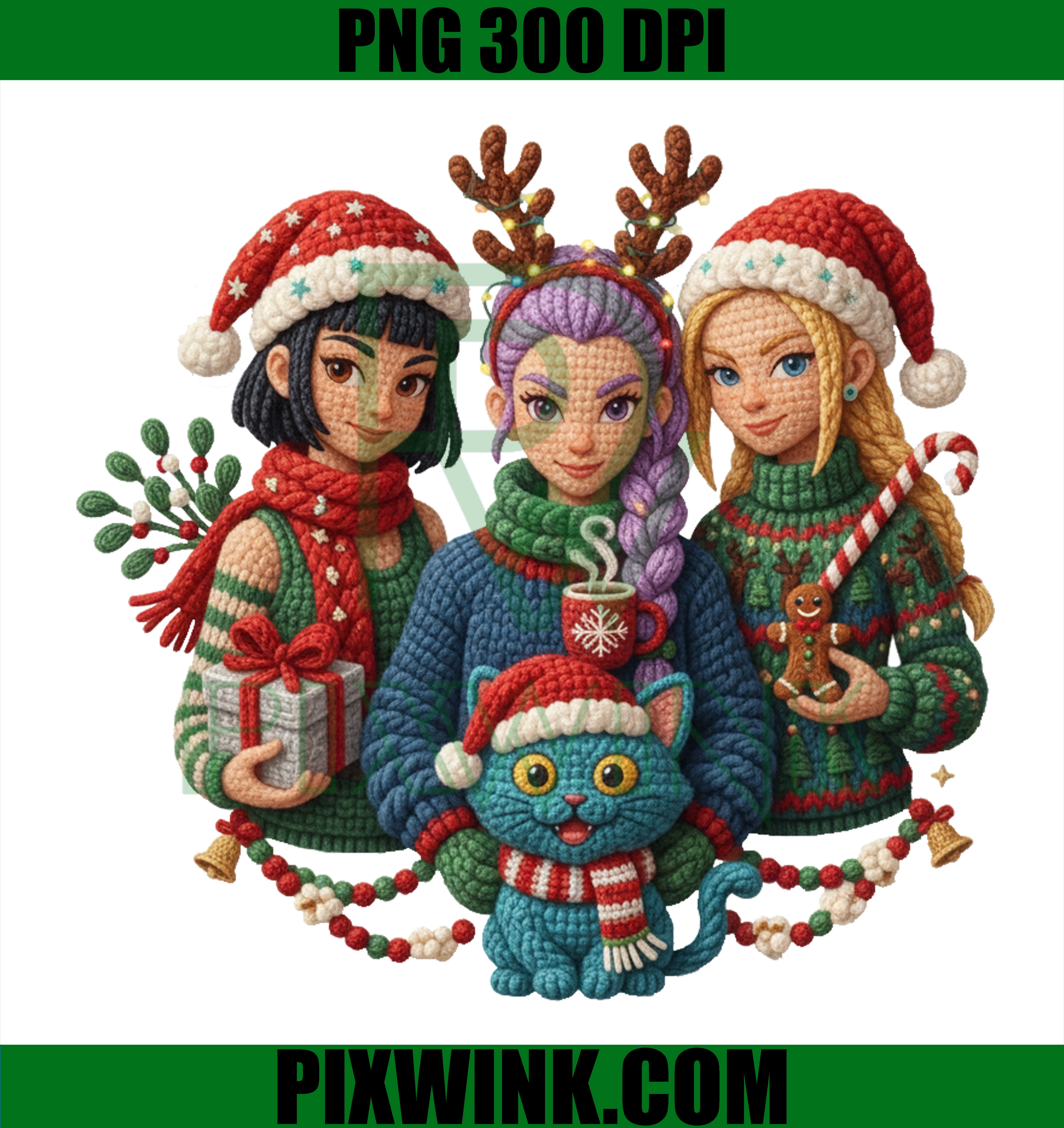 Huntrix Knitted Christmas PNG, Kpop Girls Holiday Clipart, Cozy Knit Art Illustration, Christmas Sweater Style PNG