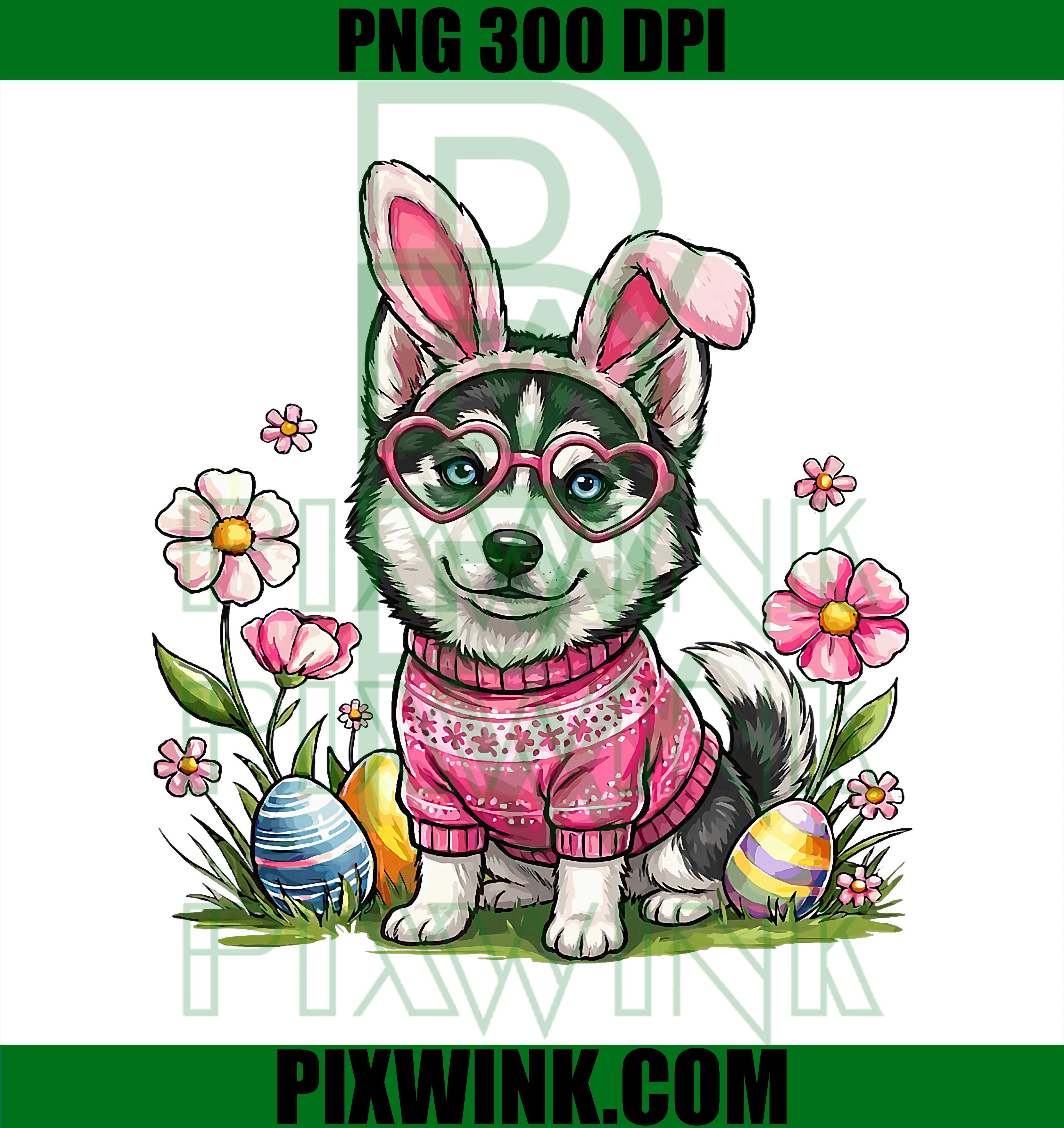 Easter Husky Bunny Ears PNG, Cute Siberian Husky Easter Egg PNG