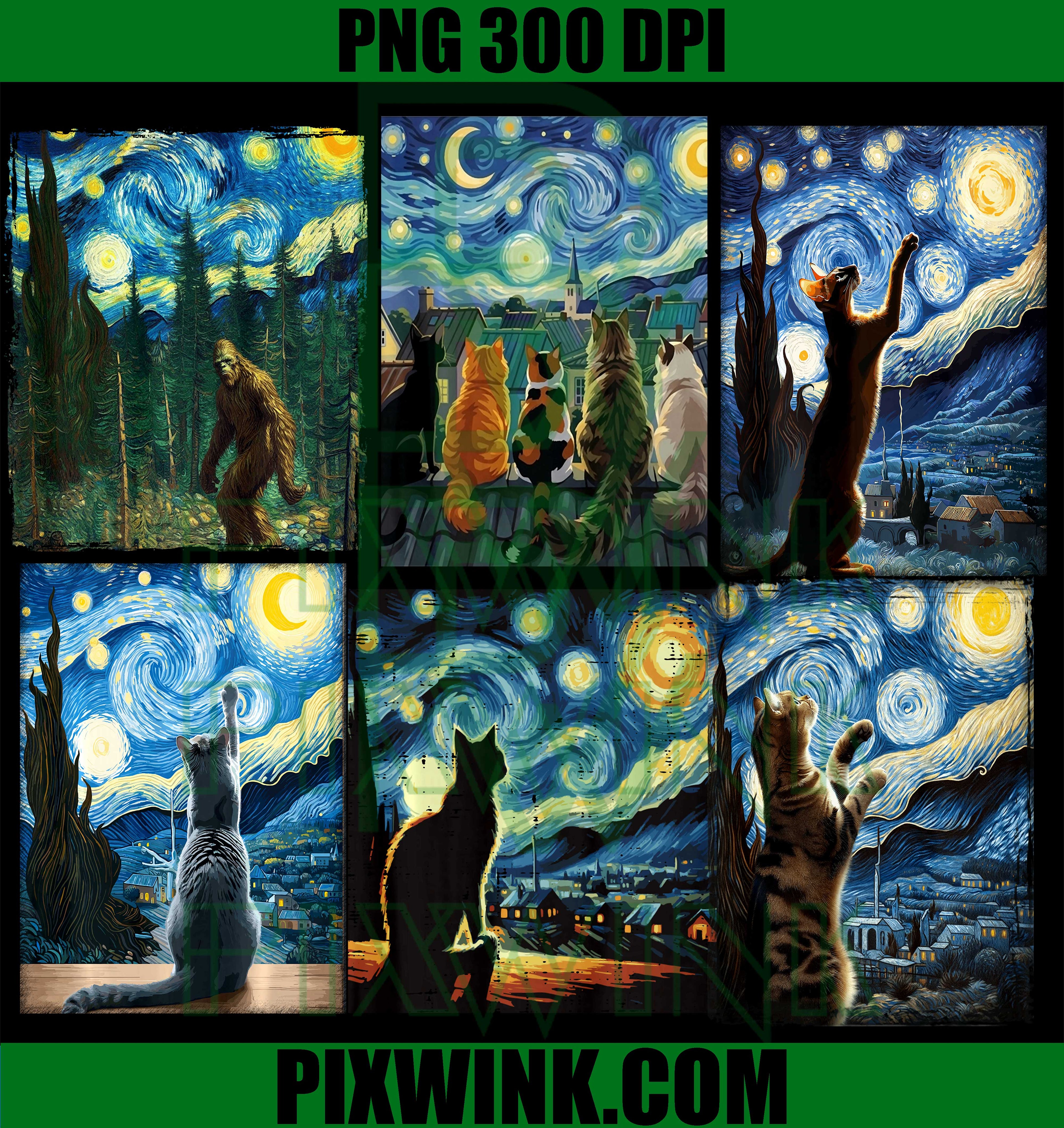 Starry Night Cat Bigfoot Bundle PNG, Cat Starry Night Van Gogh PNG
