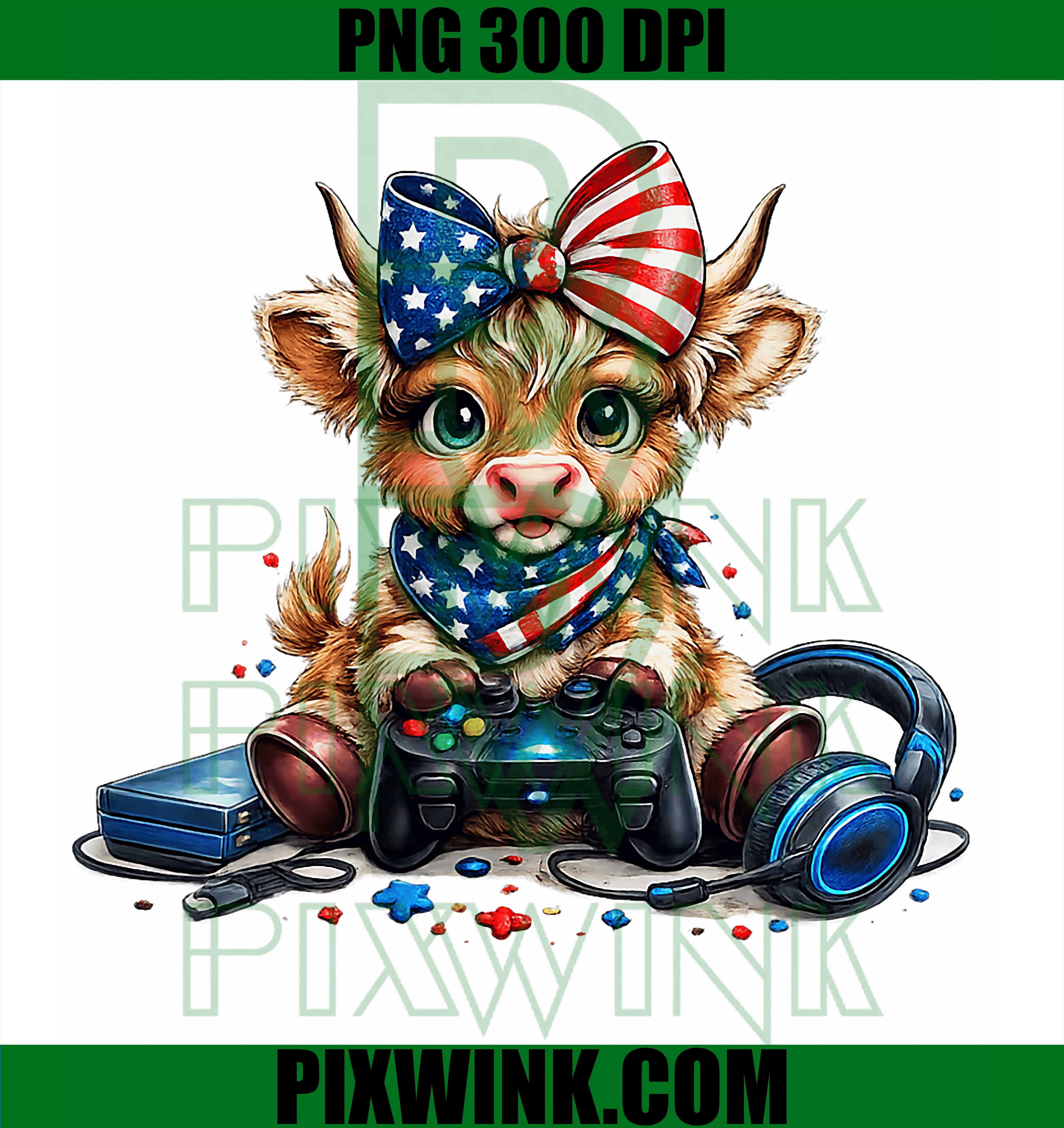 Funny Highland Cow Gamer 4th Of July PNG, Gaming Patriotic Graphic PNG