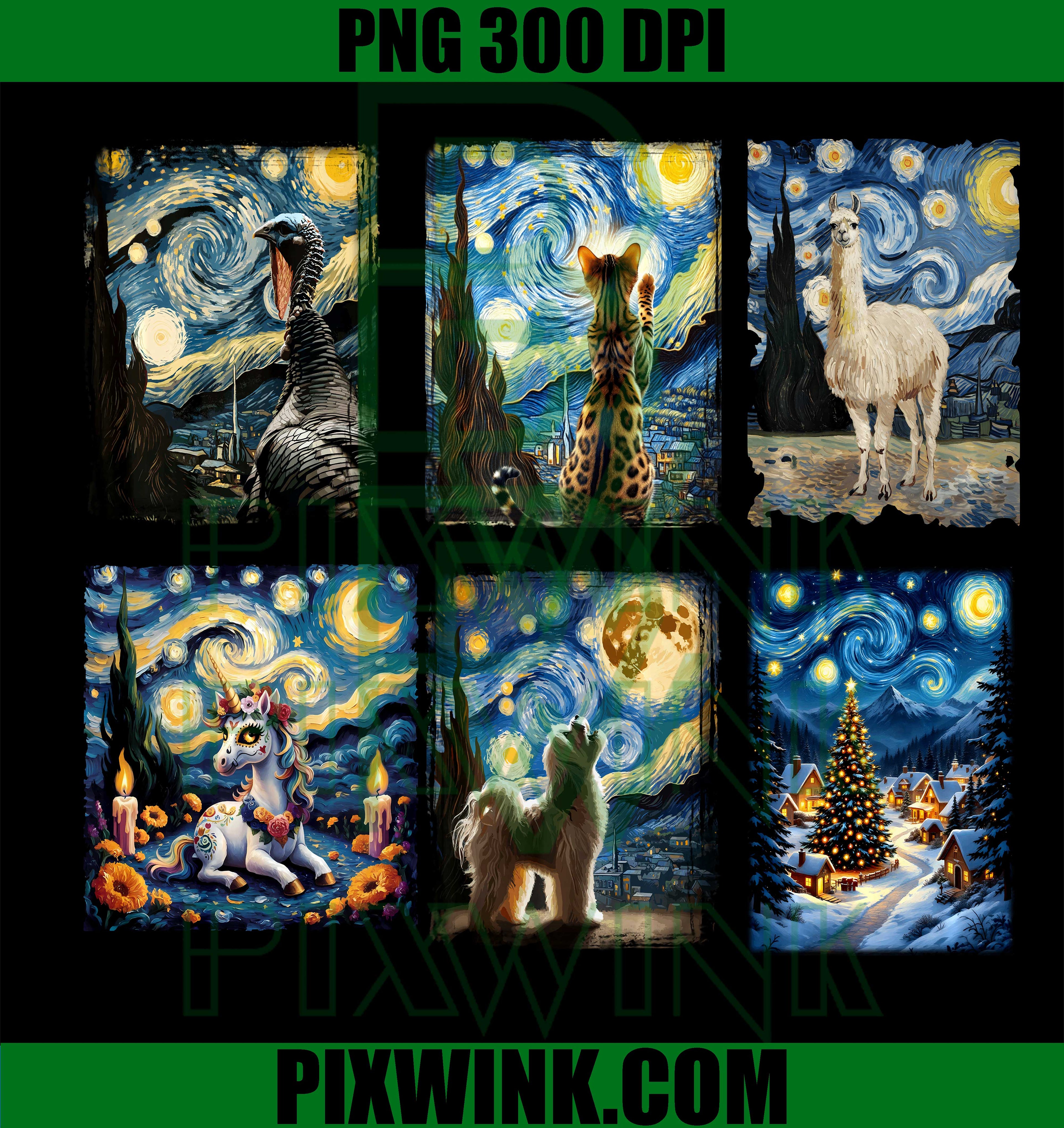Starry Night Animal Christmas Bundle PNG, Unicorn Llama Cat PNG