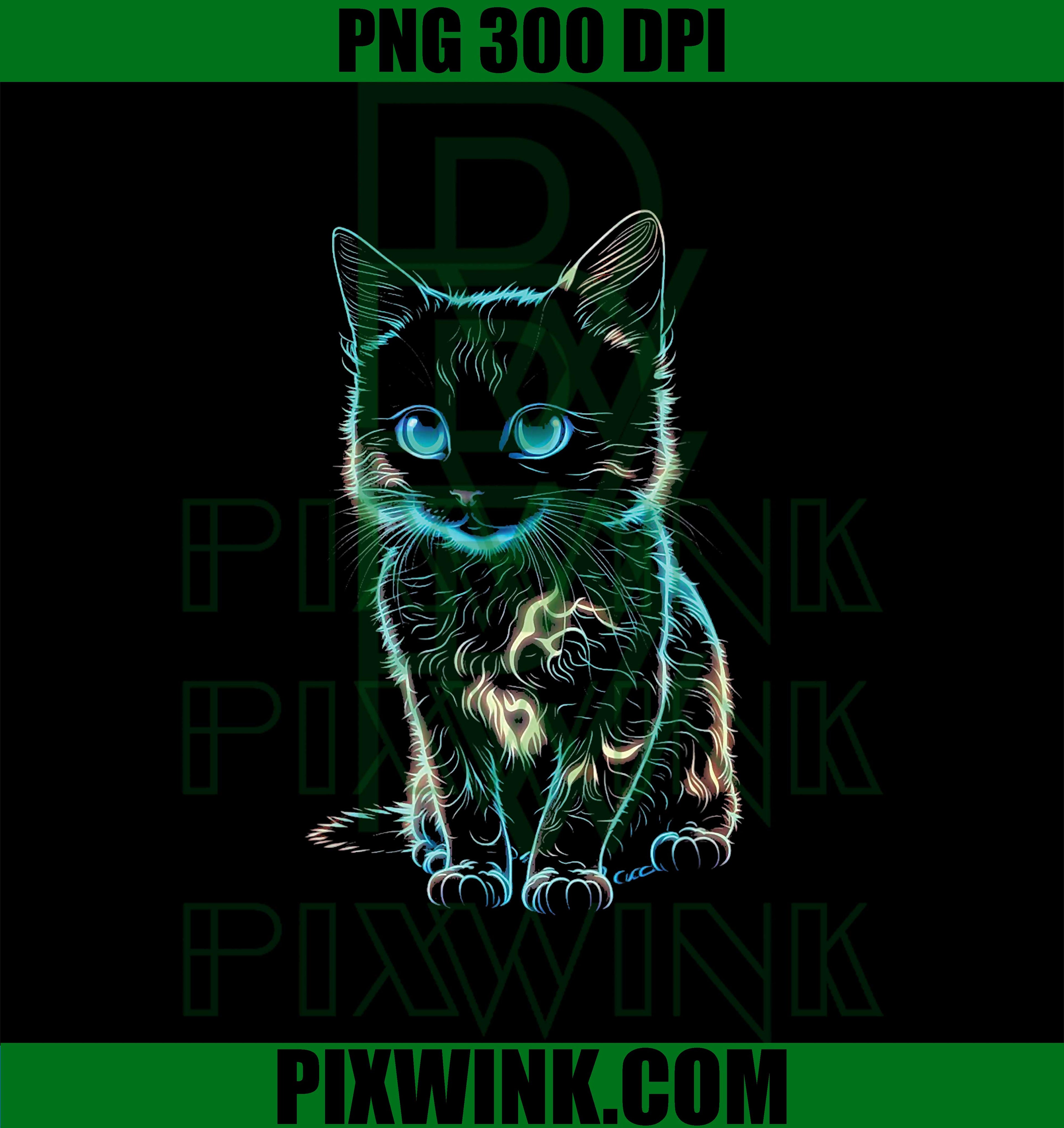 Neon Cat Design PNG, Cute Kitten PNG, Black Neon Cat PNG