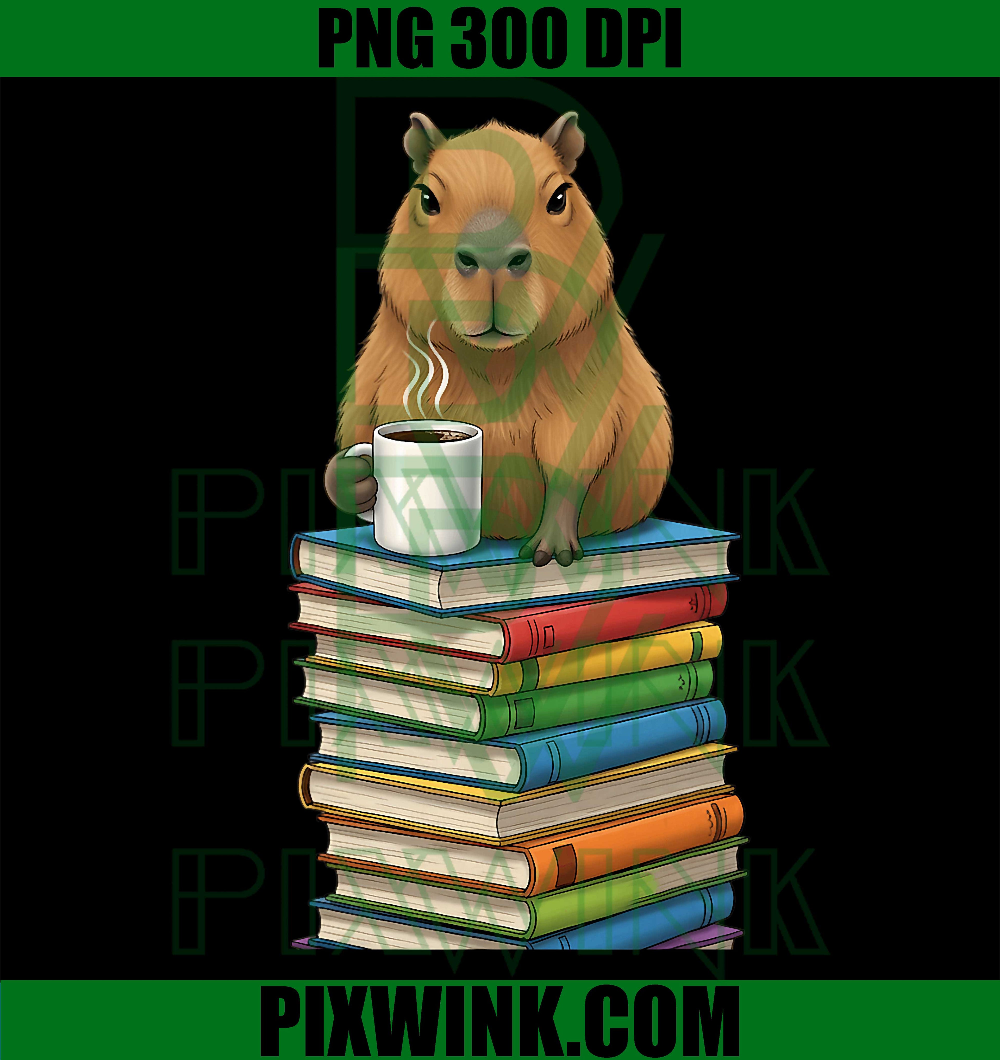 Bookworm Capybara Reading Books Drinking Coffee, Book Lover PNG