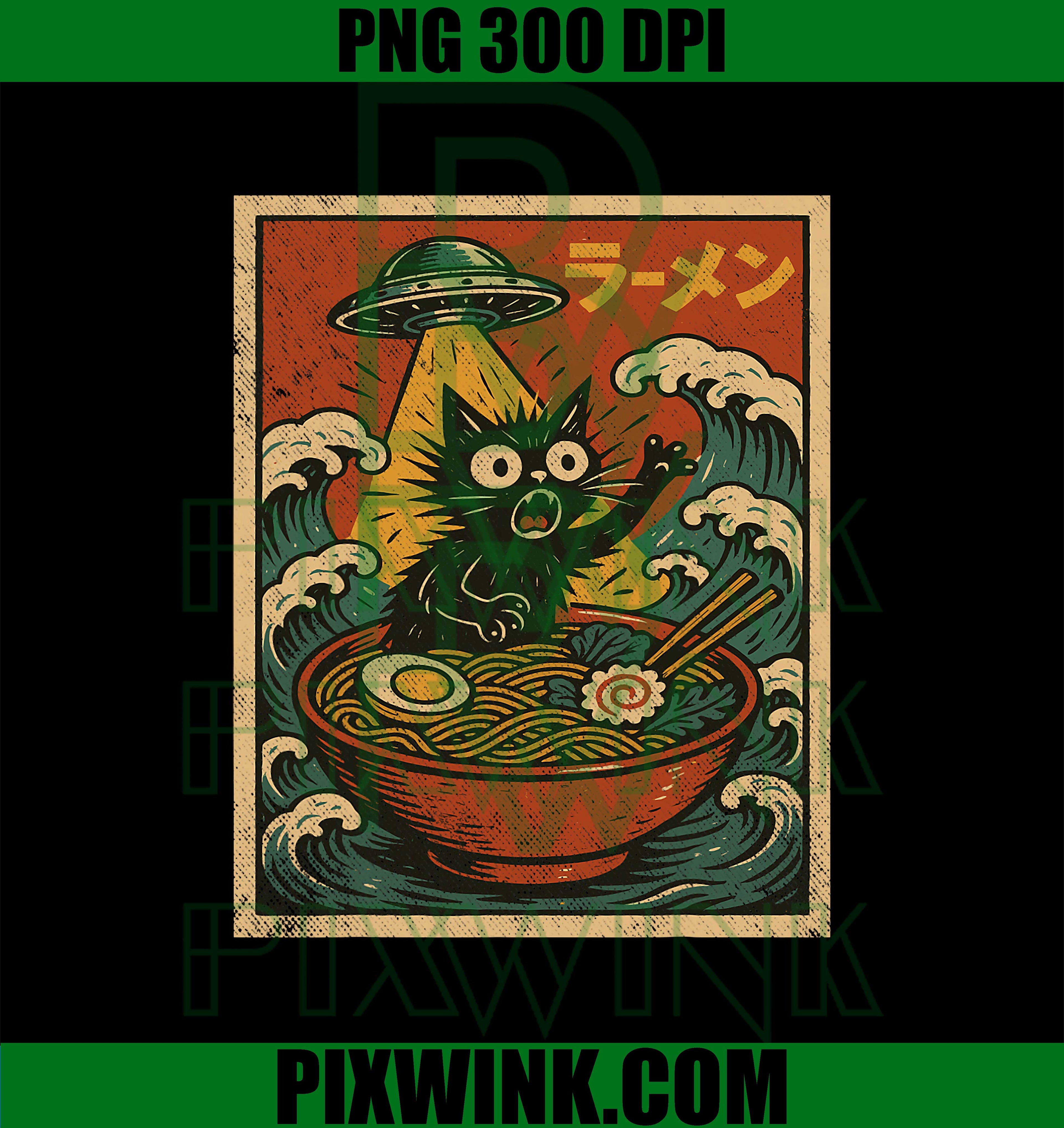 Funny Black Cat Eating Ramen Alien PNG, UFO Kawaii Anime PNG