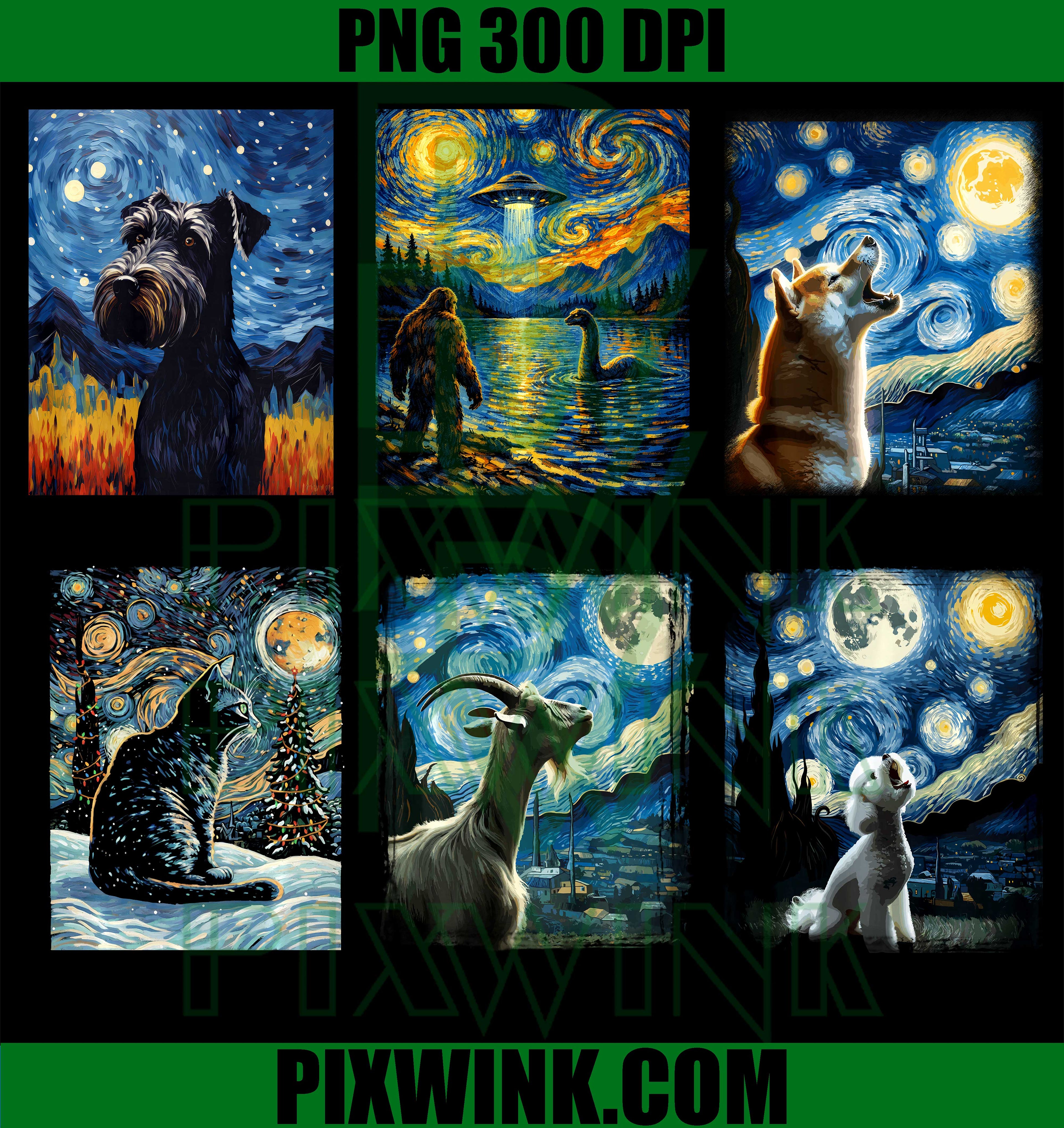 Starry Night Animal Bundle PNG, Bigfoot Dog Goat Cat UFO PNG
