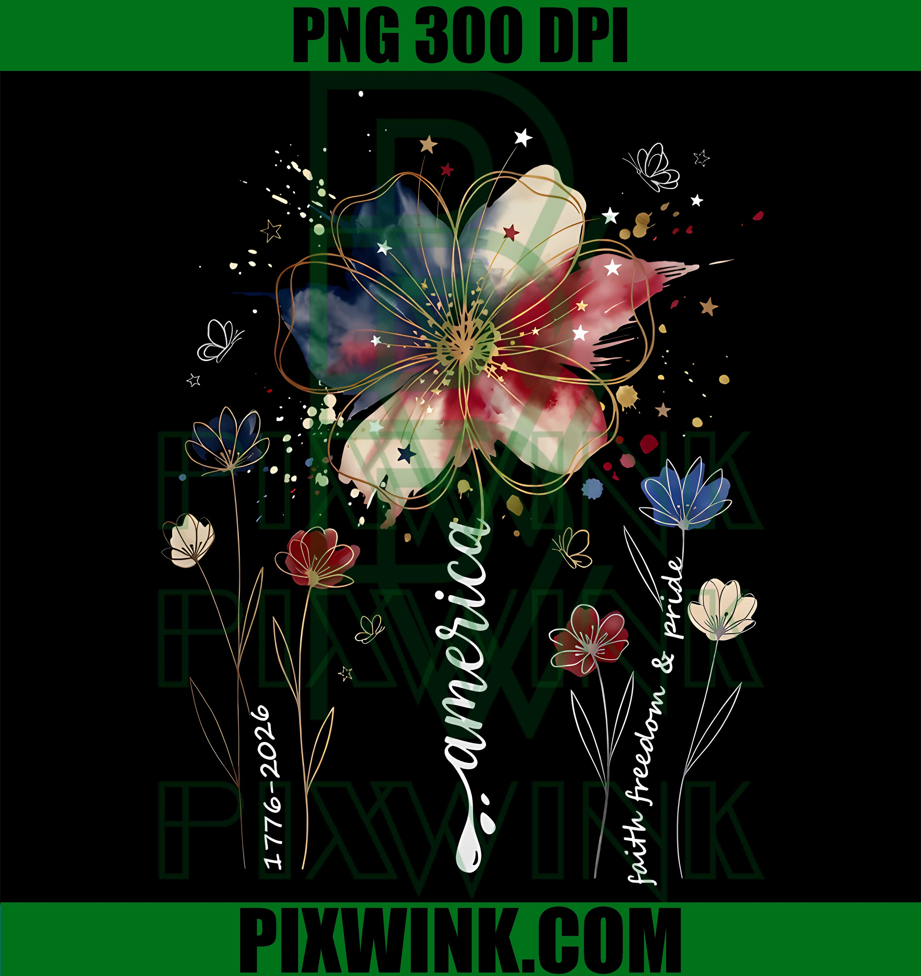 250th Anniversary Wildflower USA Flag PNG, Patriotic 4th of July PNG