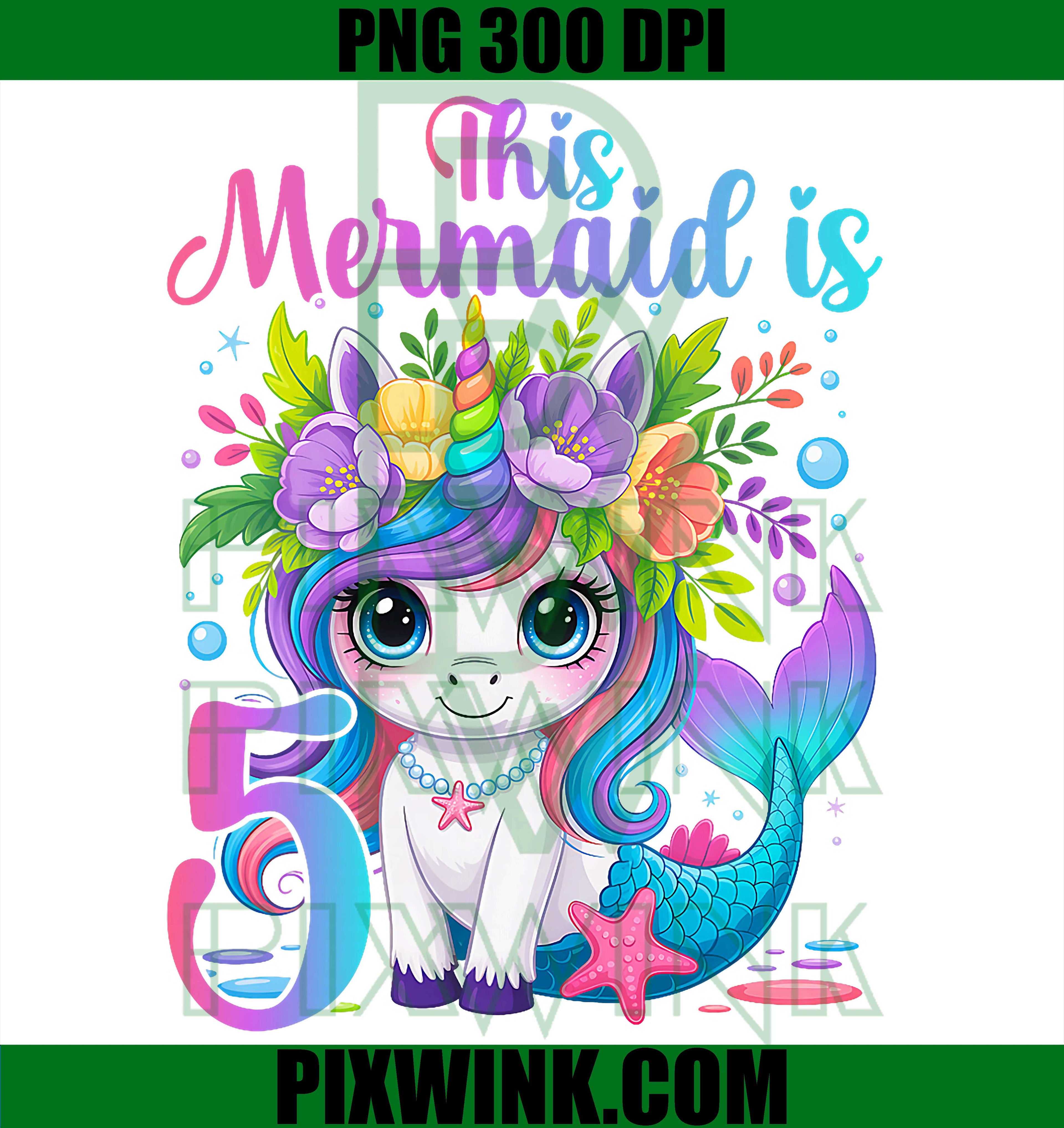 5th Birthday Girl PNG, Unicorn Mermaid Tail PNG Cute Party Design
