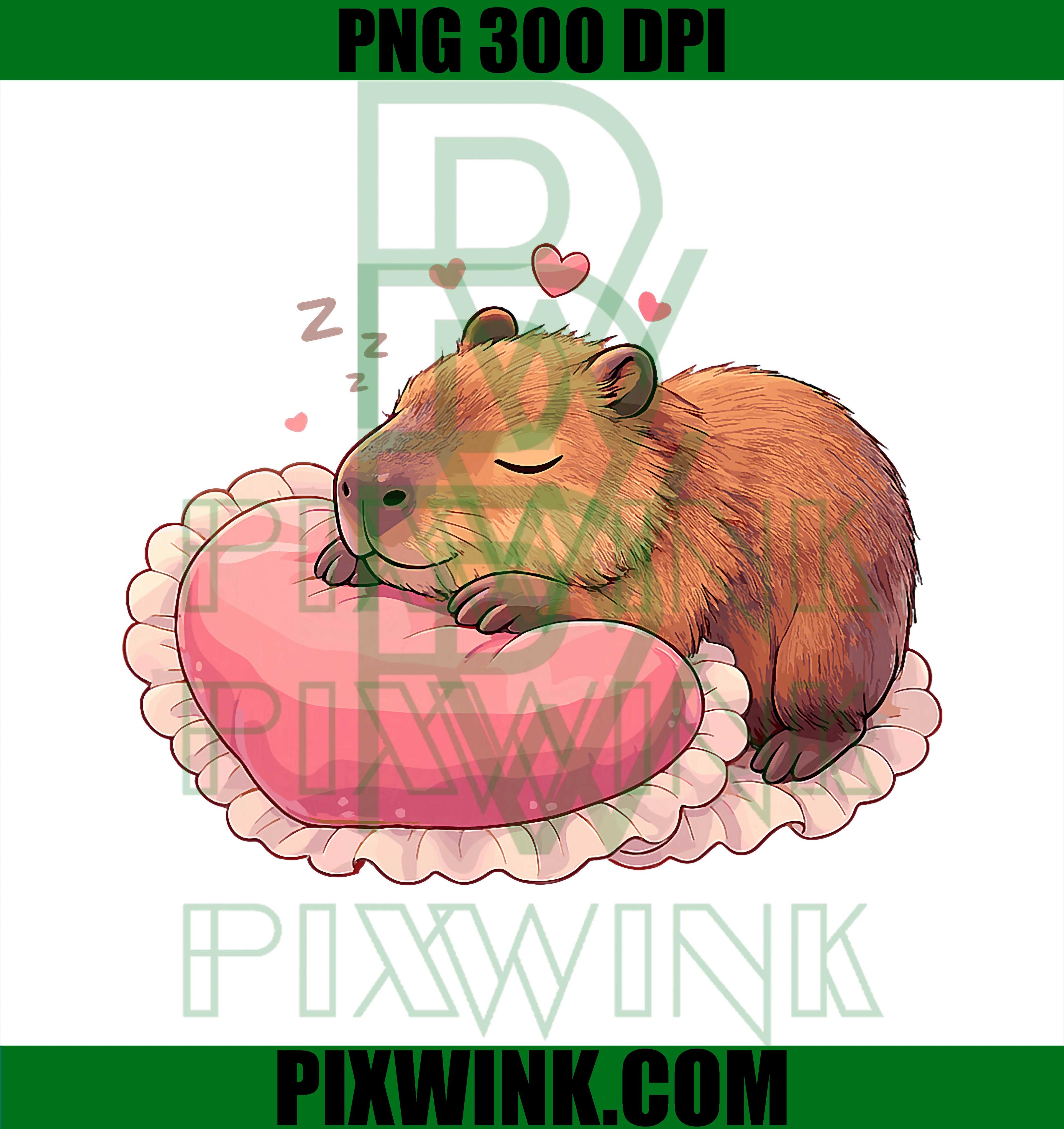 Sleeping Capybara on Heart Pillow Valentine Art PNG