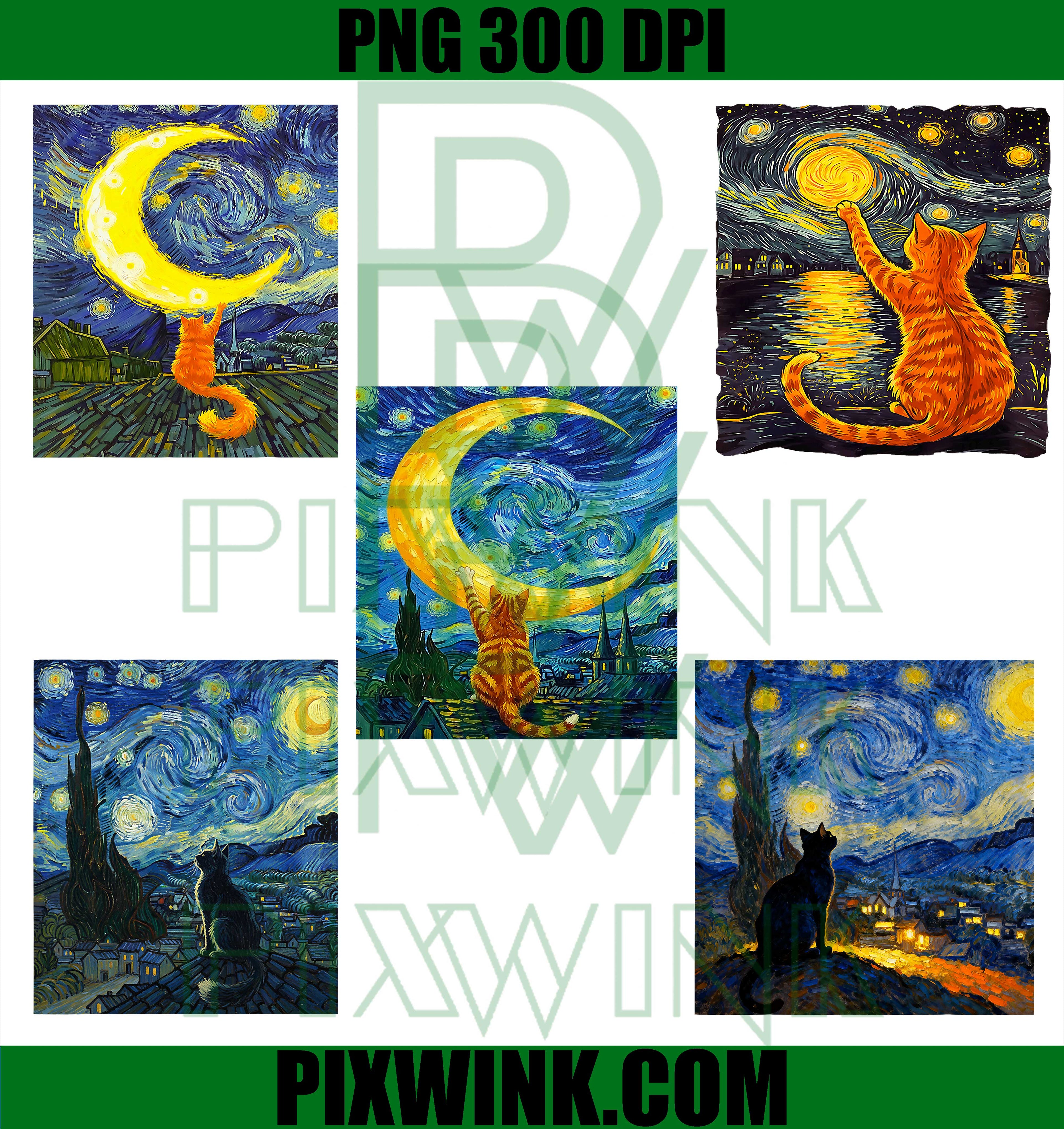 Starry Night Cats PNG Bundle PNG, Artistic Cat Illustration PNG