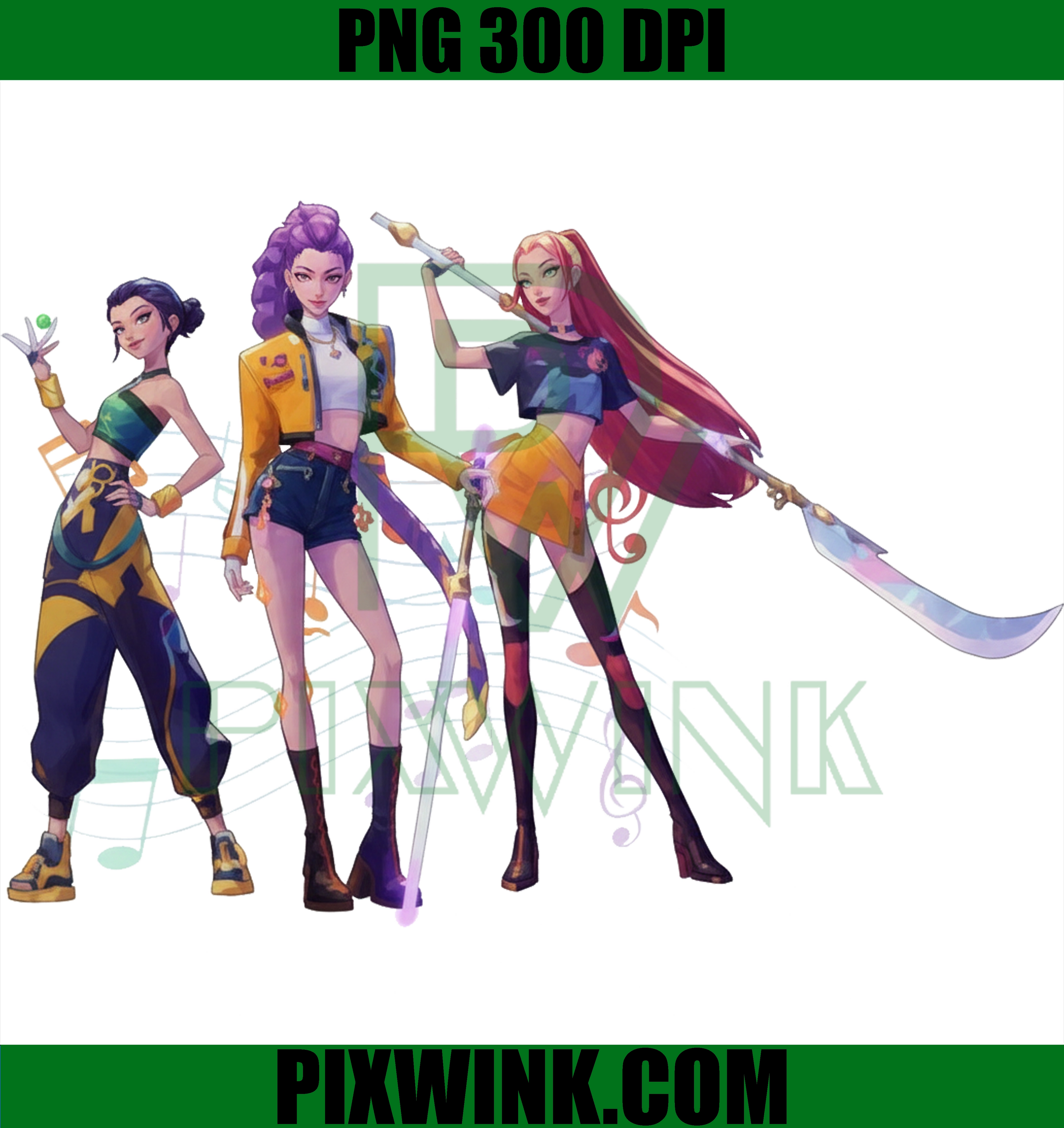Stylish Anime Girl Trio PNG – Fantasy Warrior Characters, Digital Illustration Clipart, 300 DPI