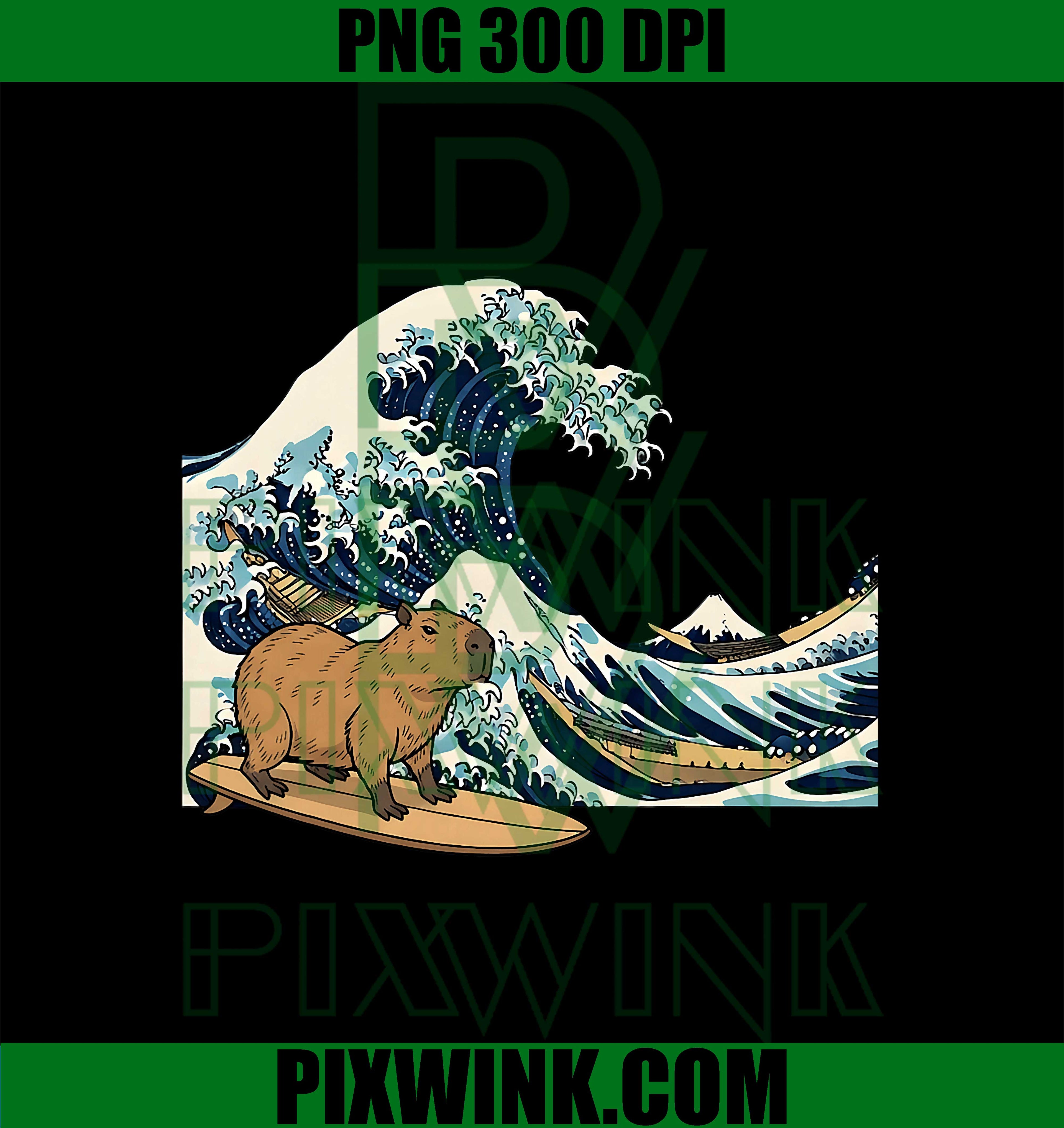 Funny Capybara Surfing PNG, Japanese Ocean Wave PNG