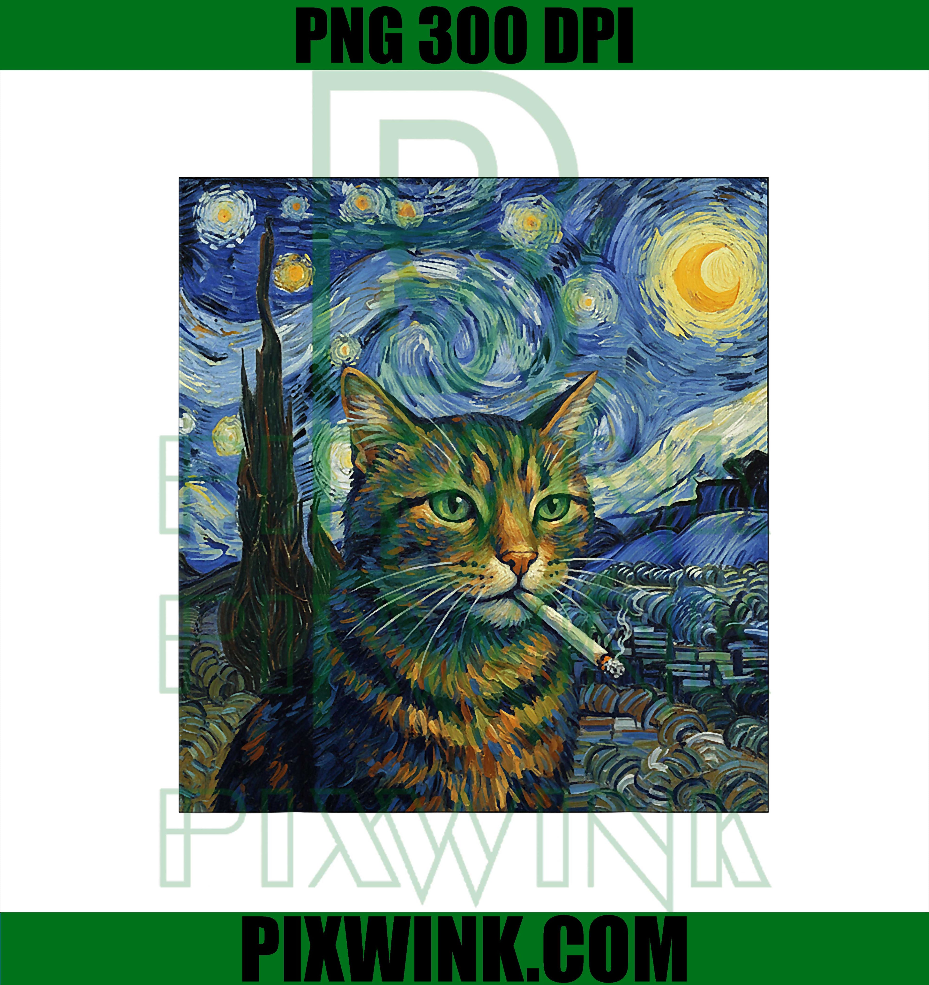 Funny Cat Smoking Cigarette PNG, Meme Van Gogh Art Starry Night PNG