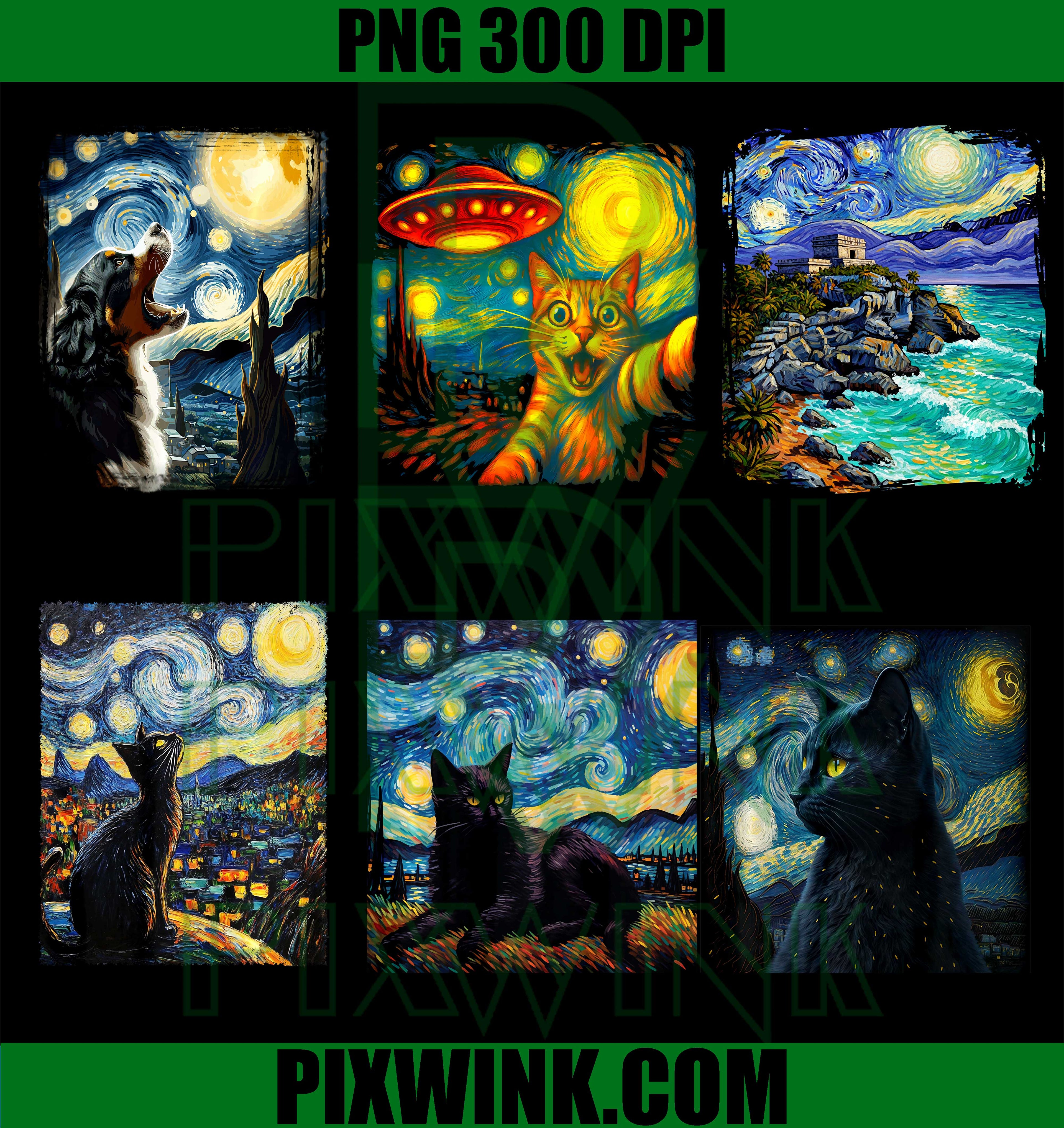 Starry Night Cat Dog Bundle PNG, Black Cat UFO Van Gogh PNG