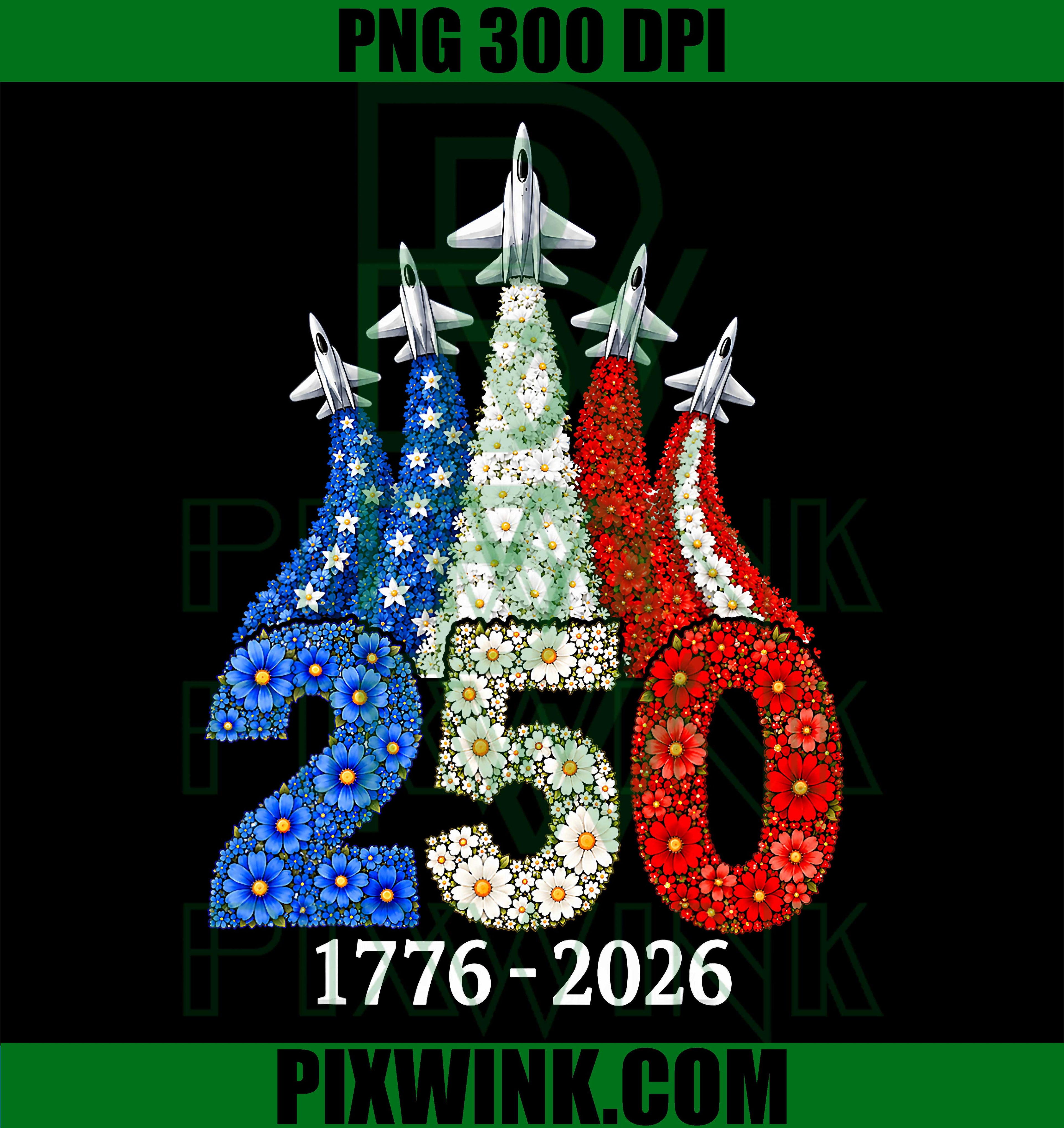 America 250 Fighter Jet PNG, 1776 2026 Patriotic Floral PNG