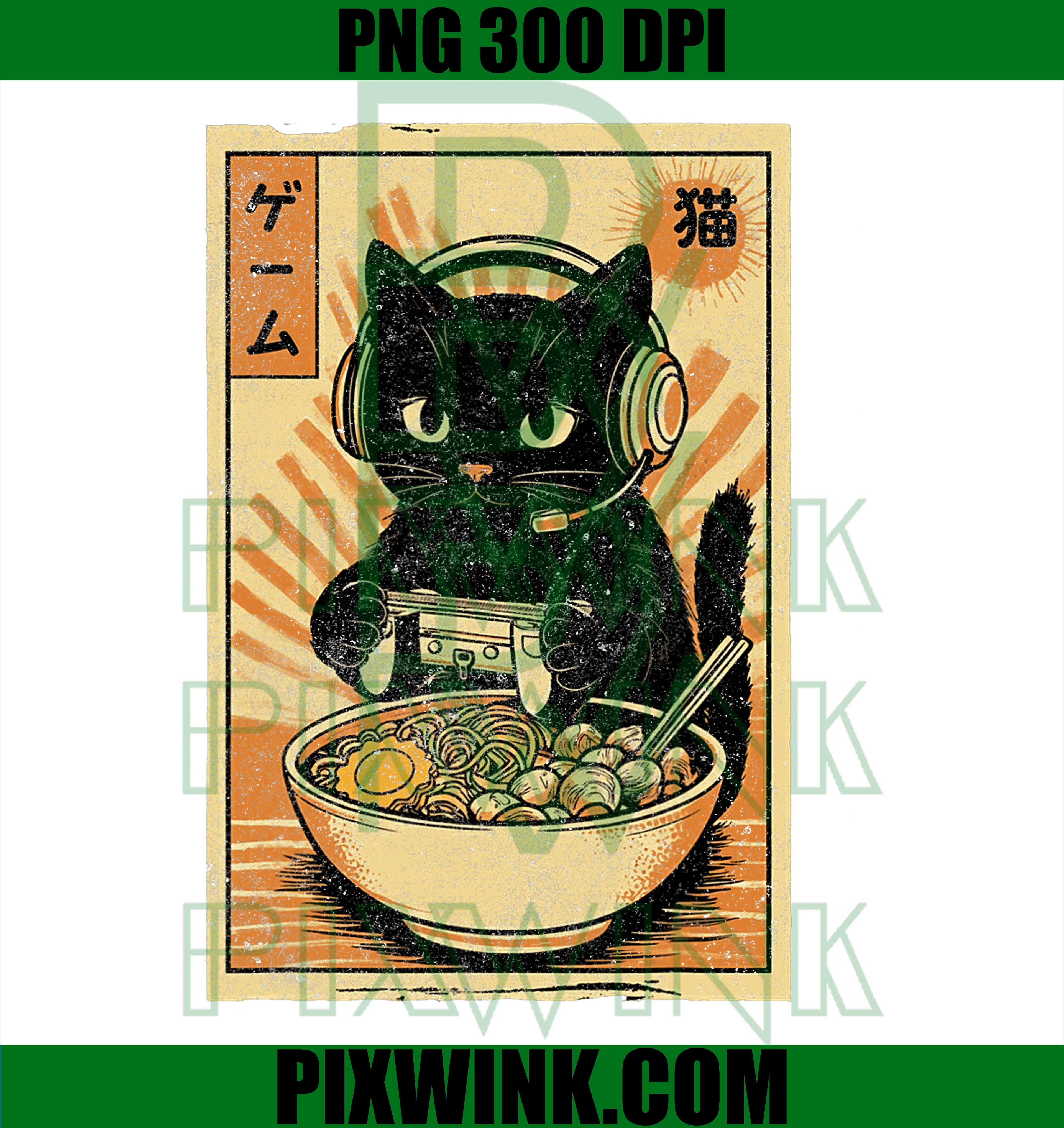 Cute Kawaii Gamer Cat PNG, Funny Ramen Retro Japanese Cat Gaming PNG