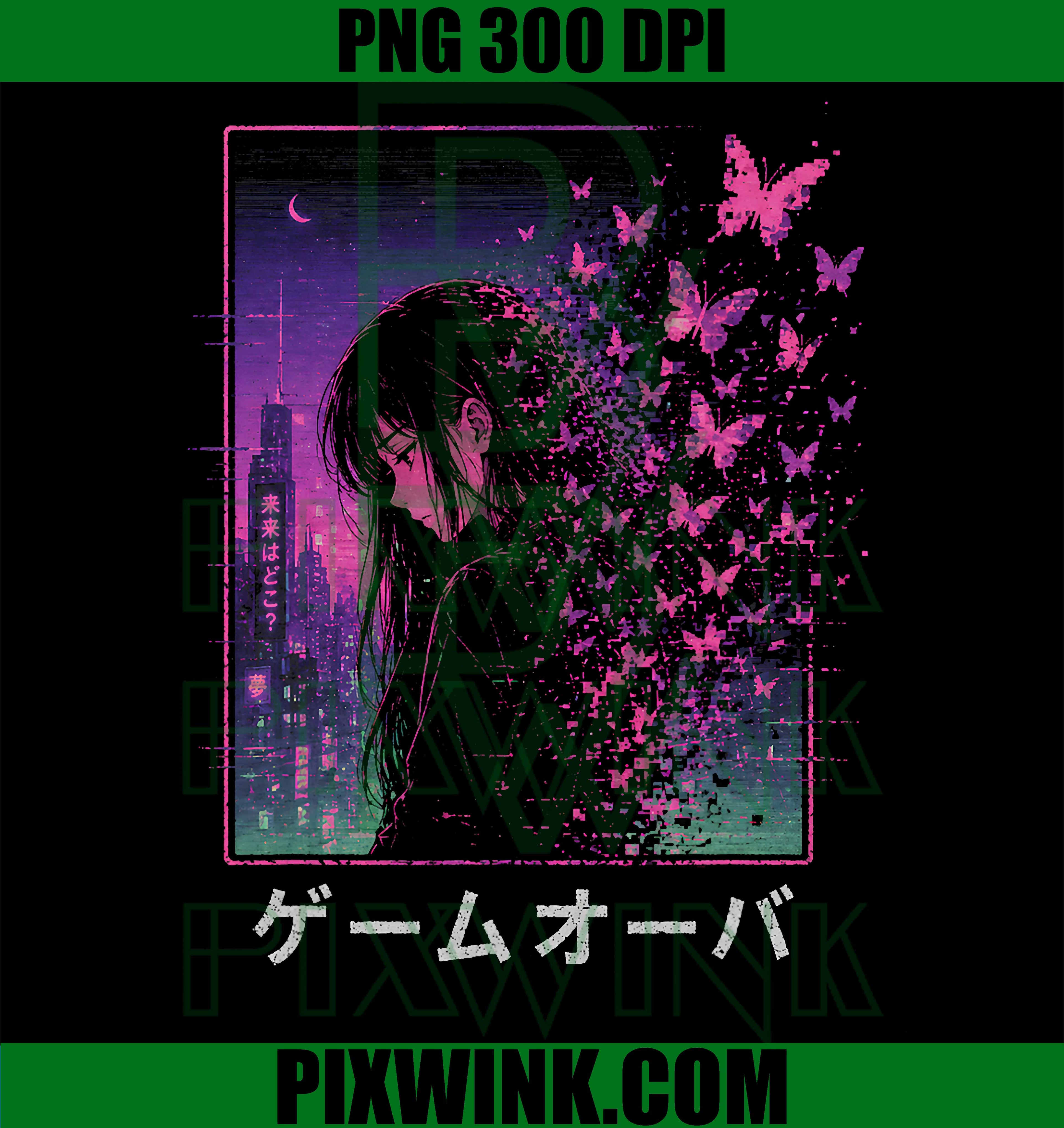 Vaporwave Anime Girl PNG, 90s Aesthetic Butterflies PNG