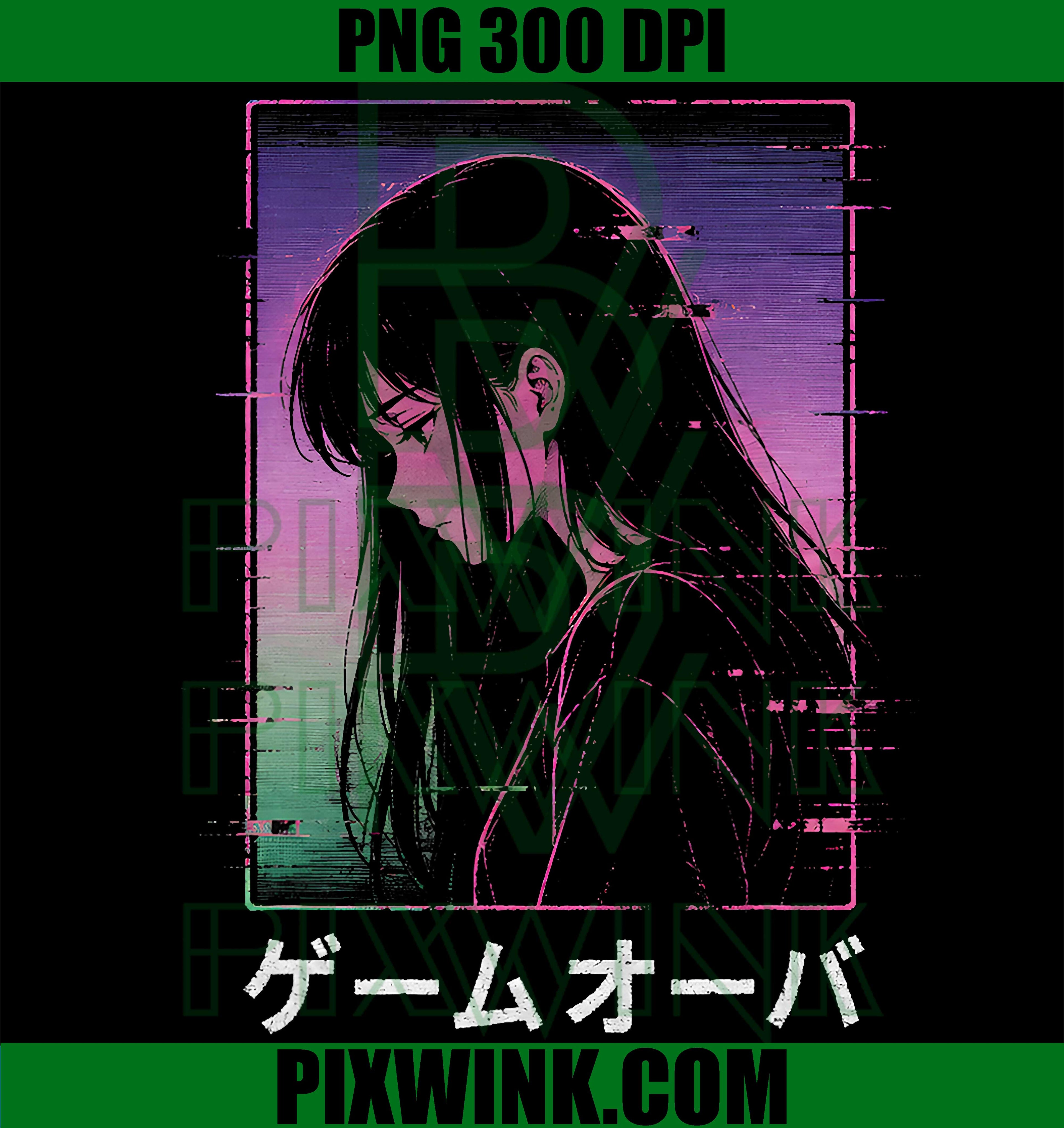 Vaporwave Anime Girl PNG, Glitch Synthwave Aesthetic PNG