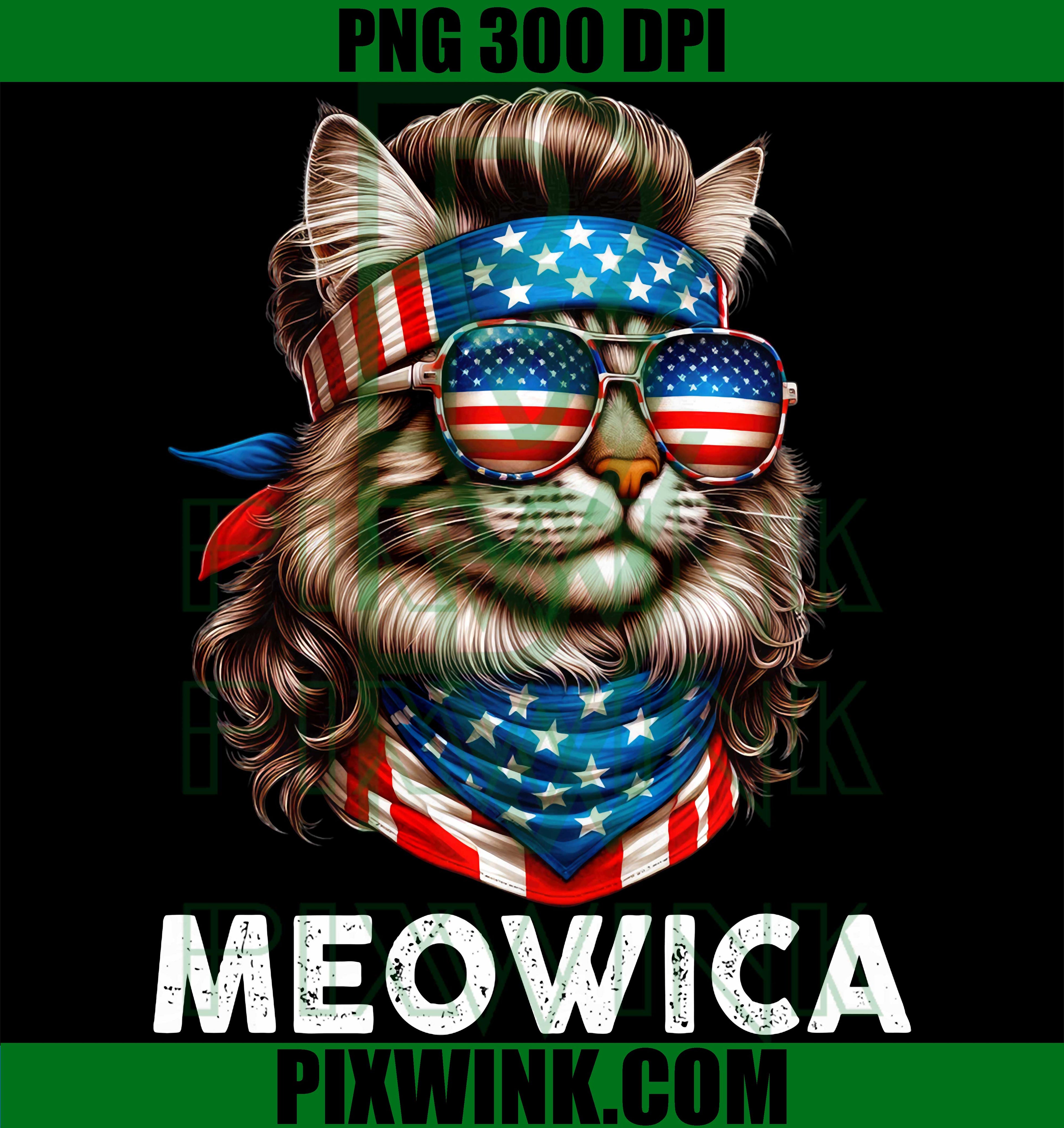 Funny Mullet Cat 4th Of July PNG, Meowica Cat USA American Flag Graphic PNG