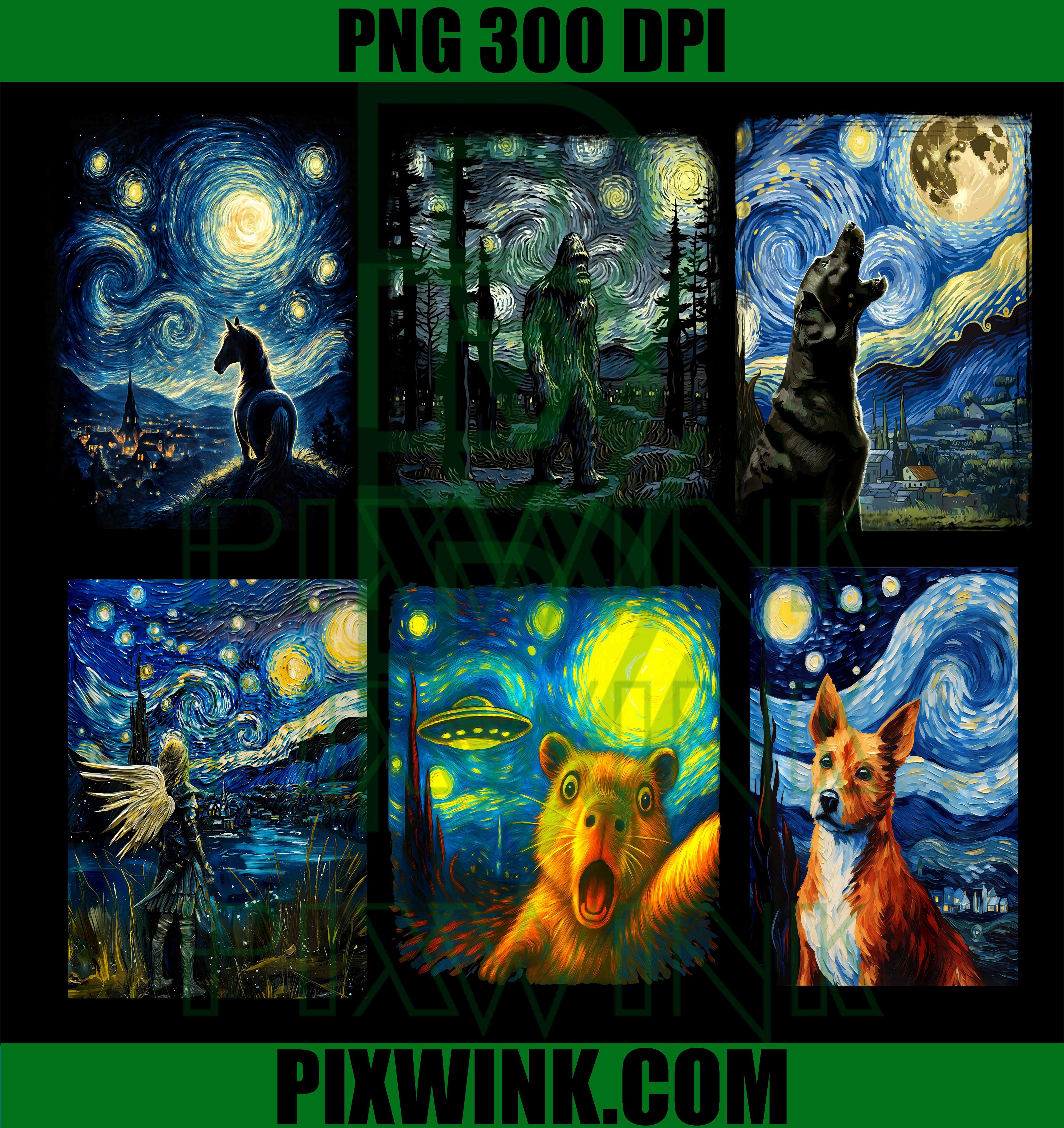 Starry Night Animal Bigfoot Bundle PNG, Dog Horse Bigfoot Van Gogh PNG