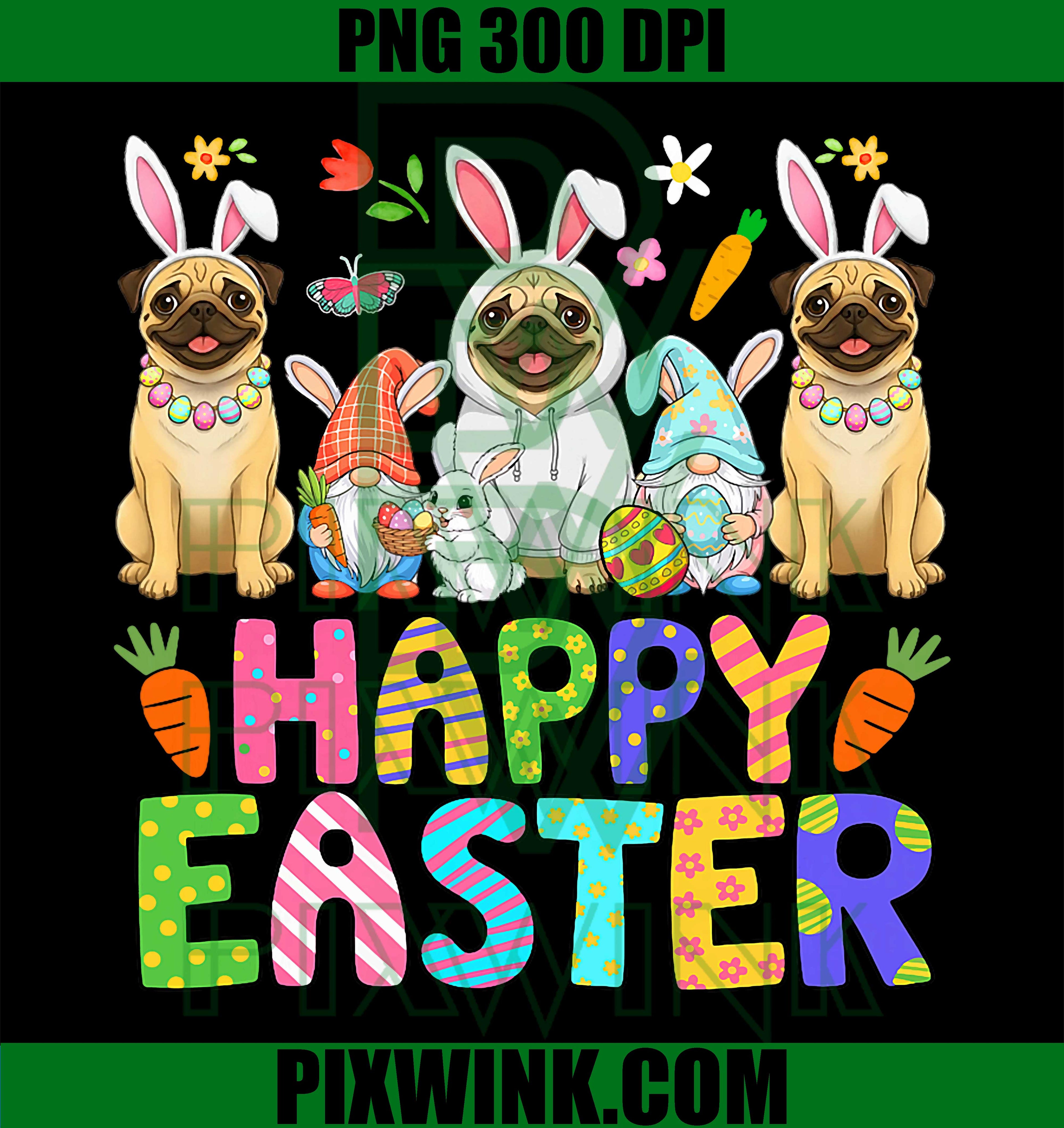 Pugs Easter PNG, Bunny Gnome Dogs PNG, Cute Easter Pug PNG