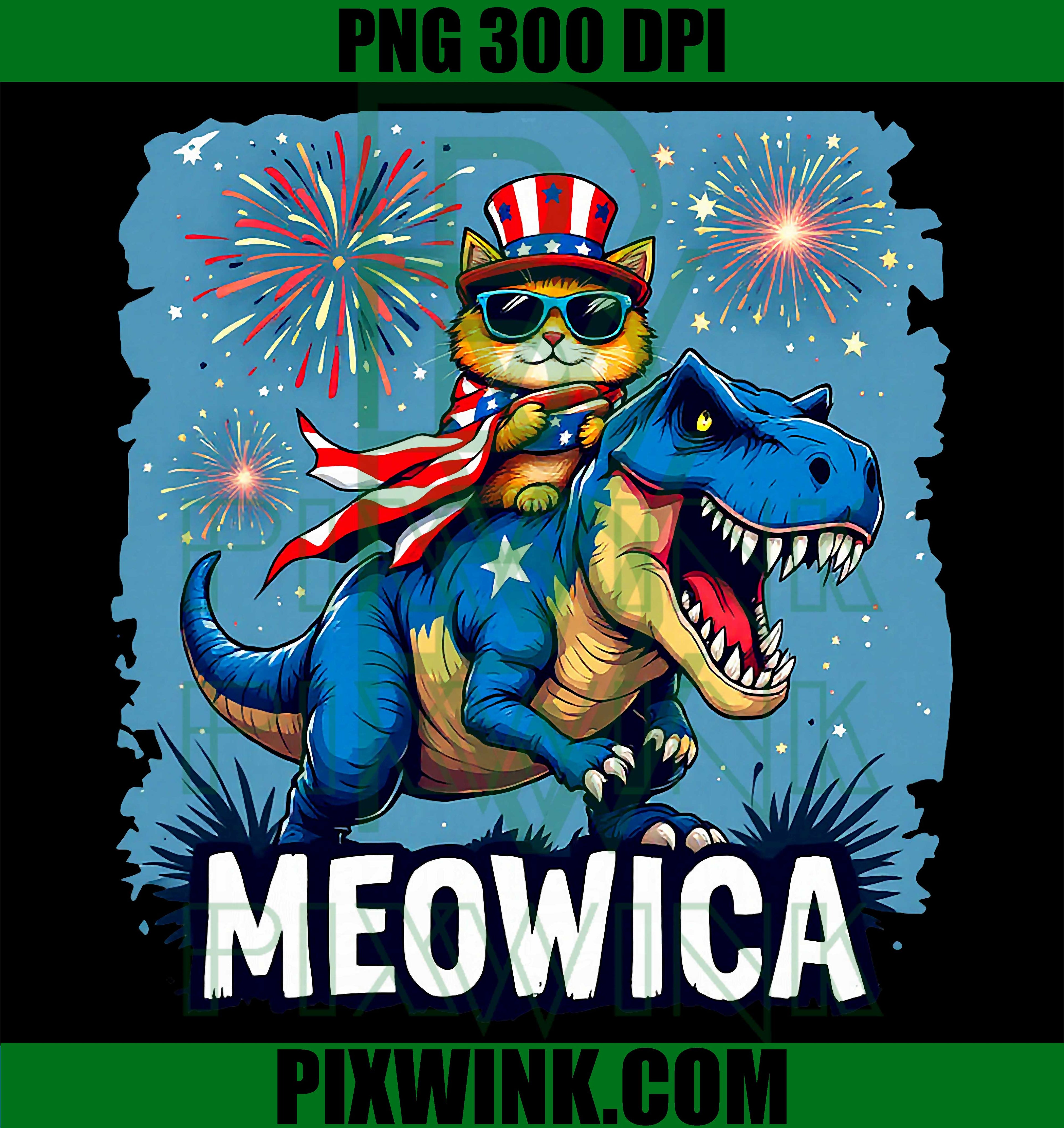Meowica Cat Riding Dinosaur PNG, Patriotic USA Flag Cat Dino PNG