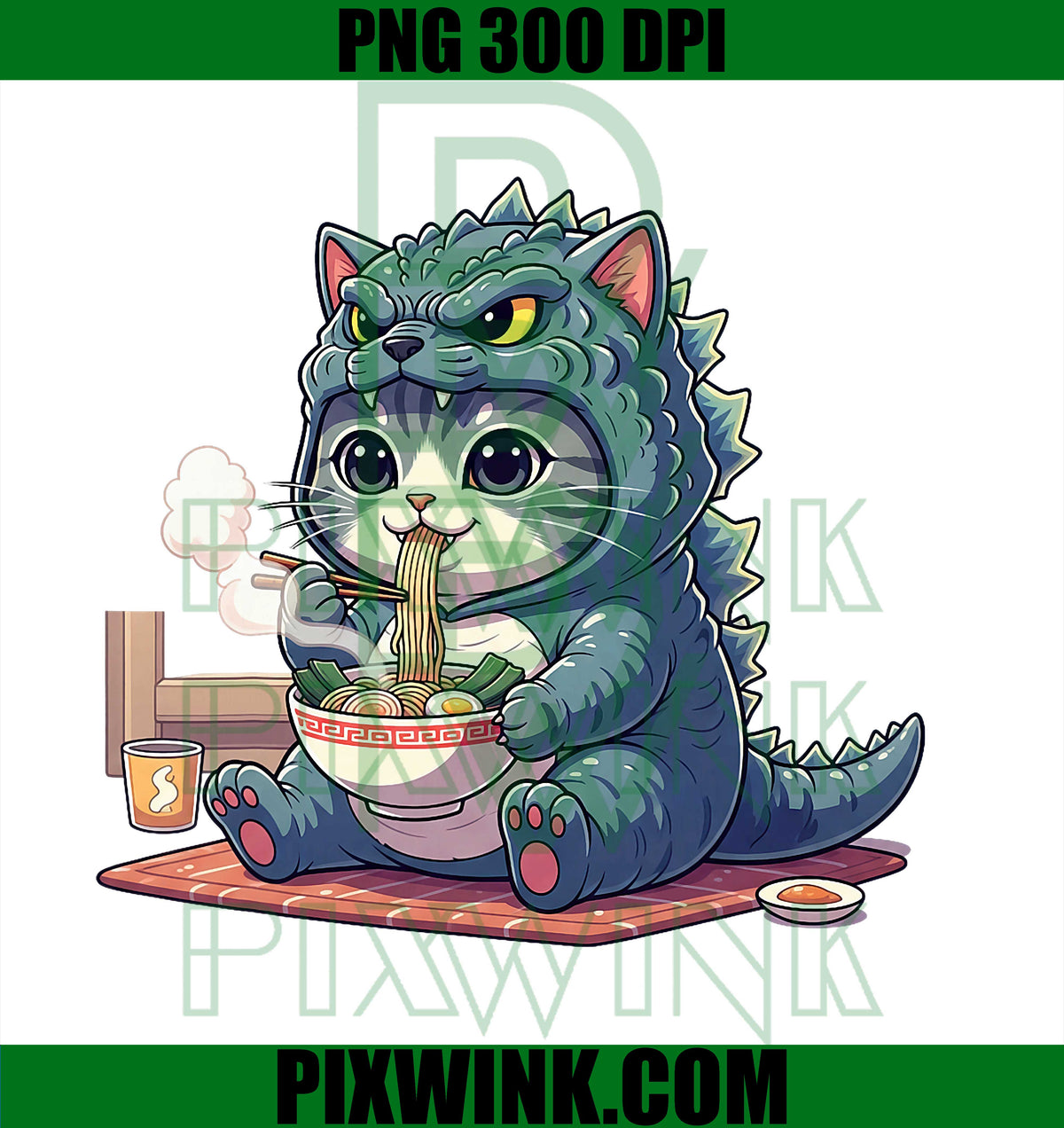 Kaiju Cat Eating Ramen PNG, Cute Monster Japanese Anime Style PNG
