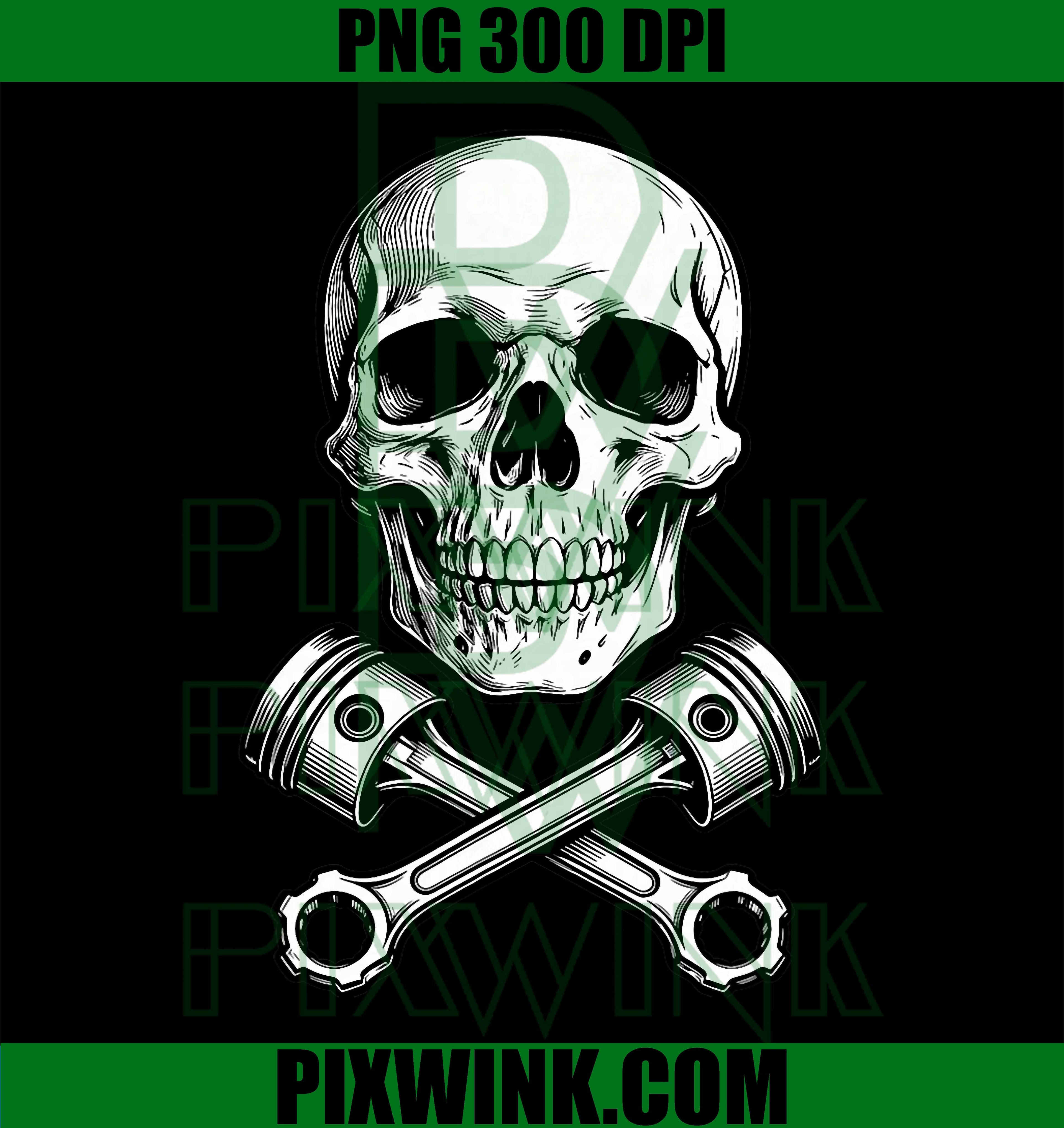 Skull and Pistons PNG, Biker Engine Graphic Design PNG