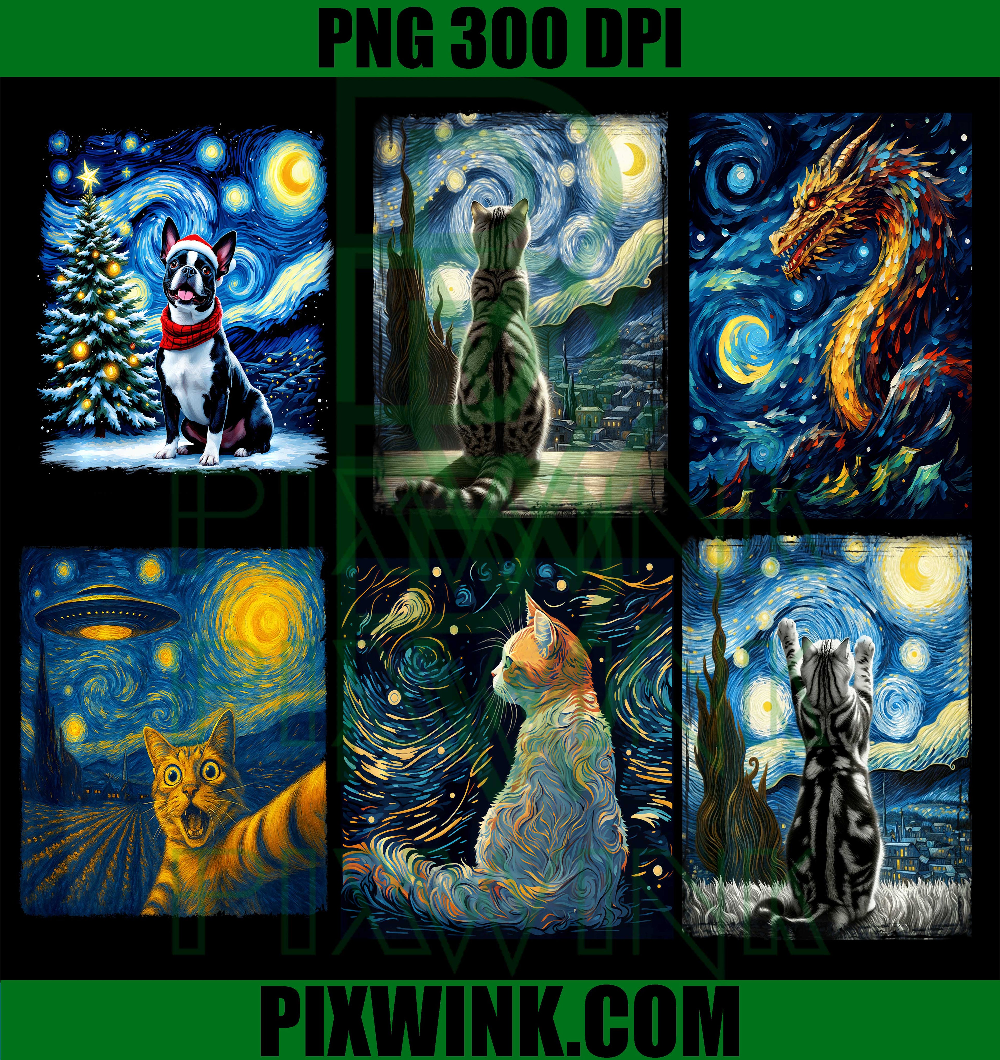 Starry Night Cat Dragon Christmas Bundle PNG, Boston Terrier Dragon PNG