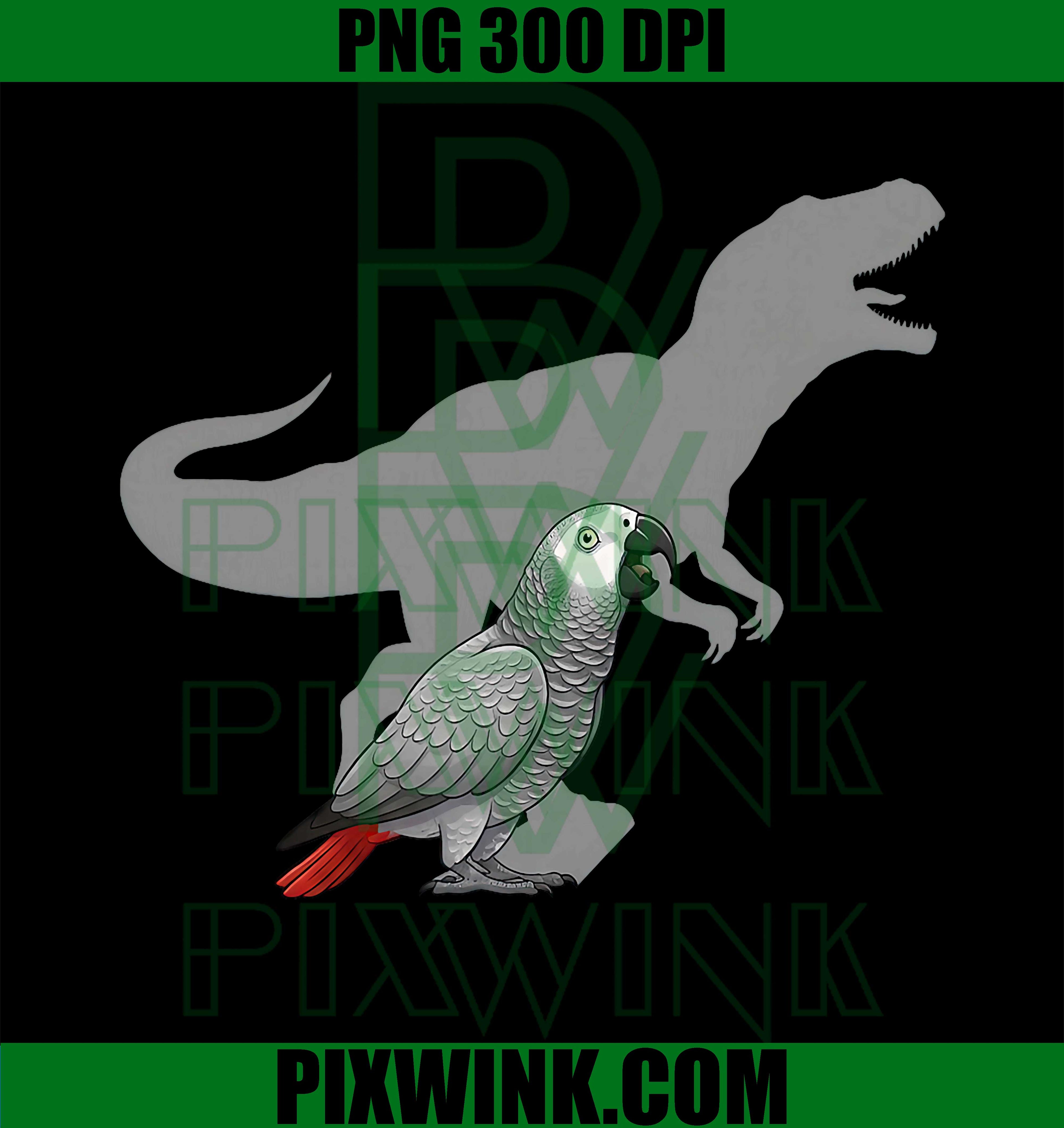 African Grey Parrot with T rex Shadow, Bird Lovers PNG