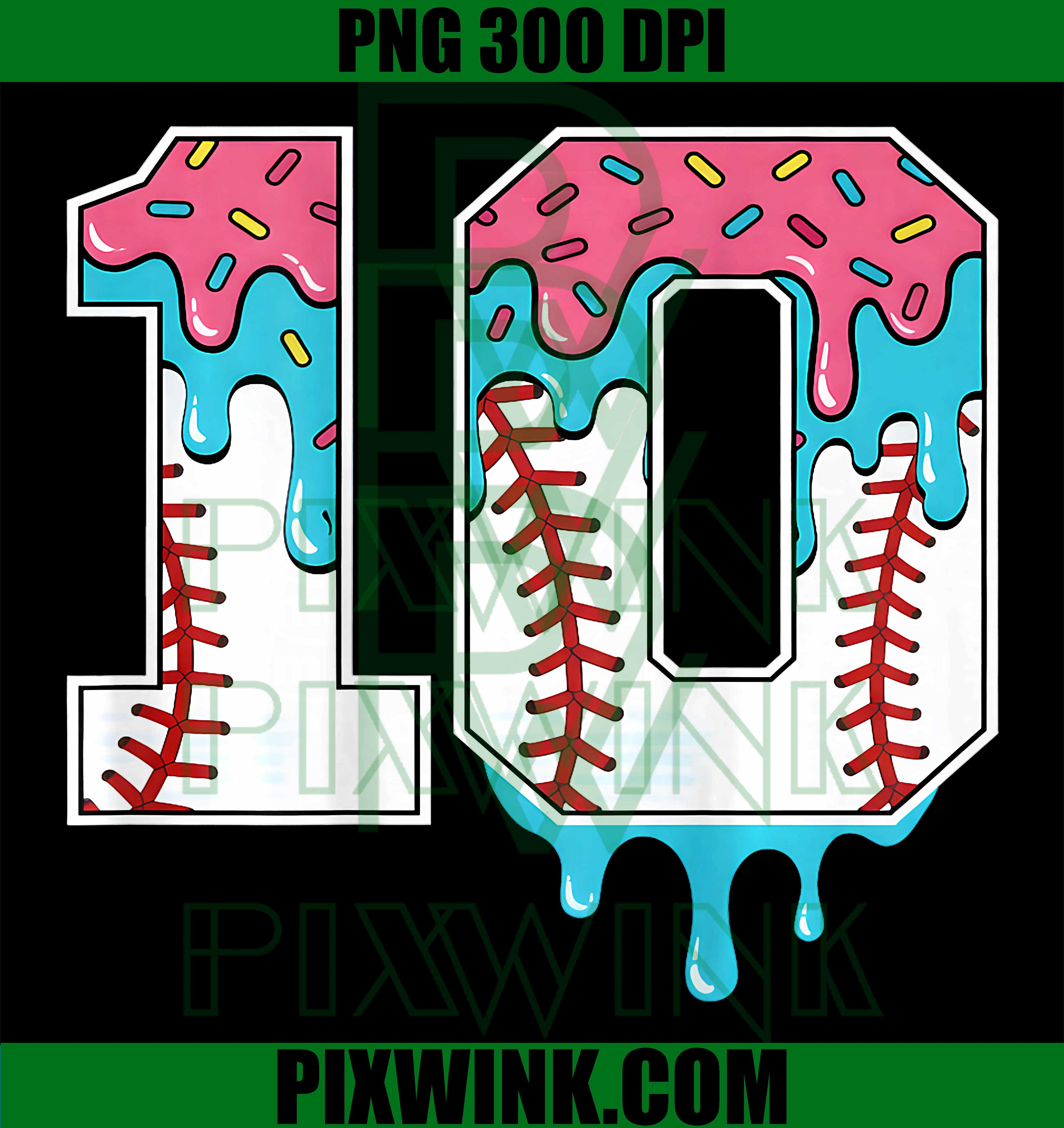 Baseball 10 Year Old Ice Cream Drip PNG, 10th Birthday Boys PNG
