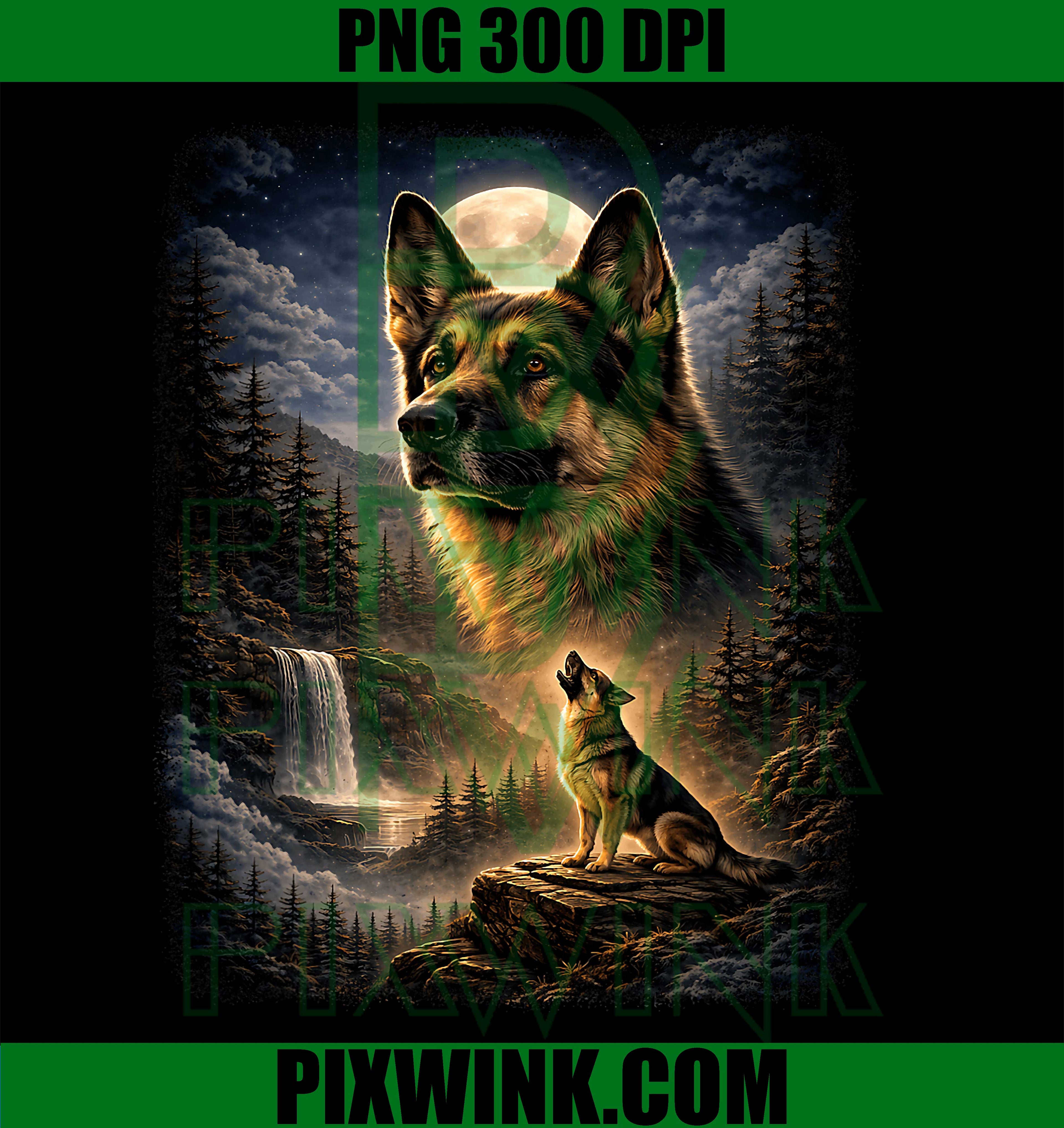 German Shepherd Howling Moon PNG, Vintage Mystic Dog Art PNG