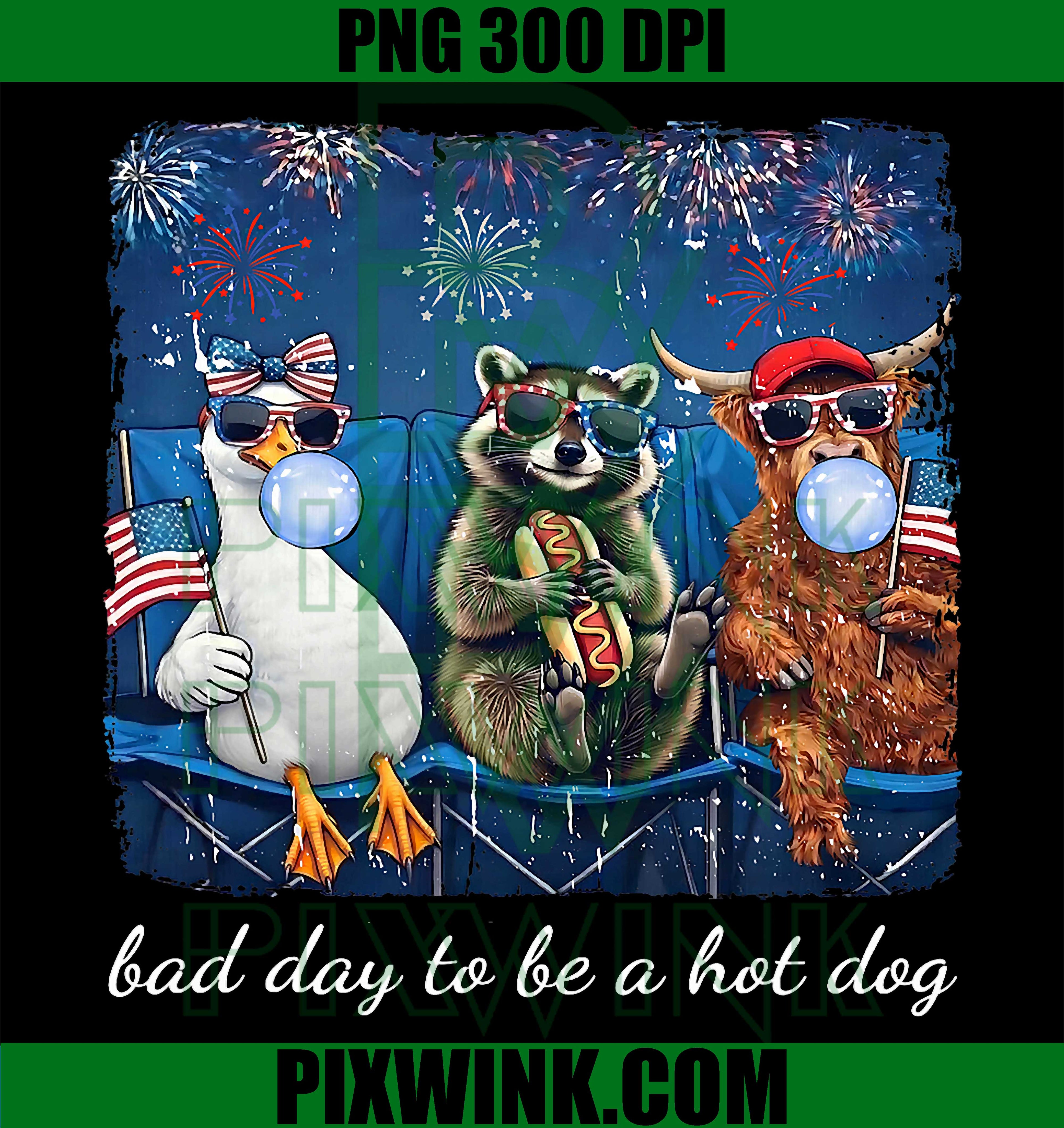Bad Day Hotdog PNG, Funny Goose Raccoon Cow PNG 4th July Design