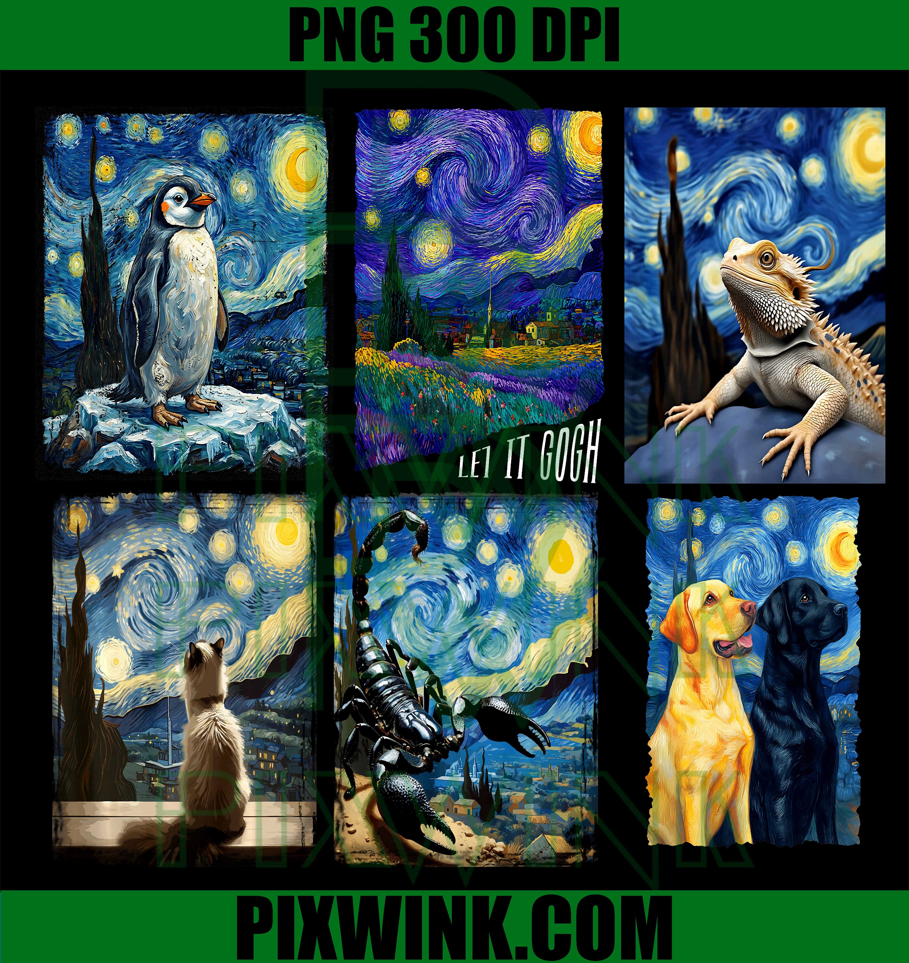 Starry Night Animal Bundle PNG, Penguin Lizard Scorpion Dog PNG