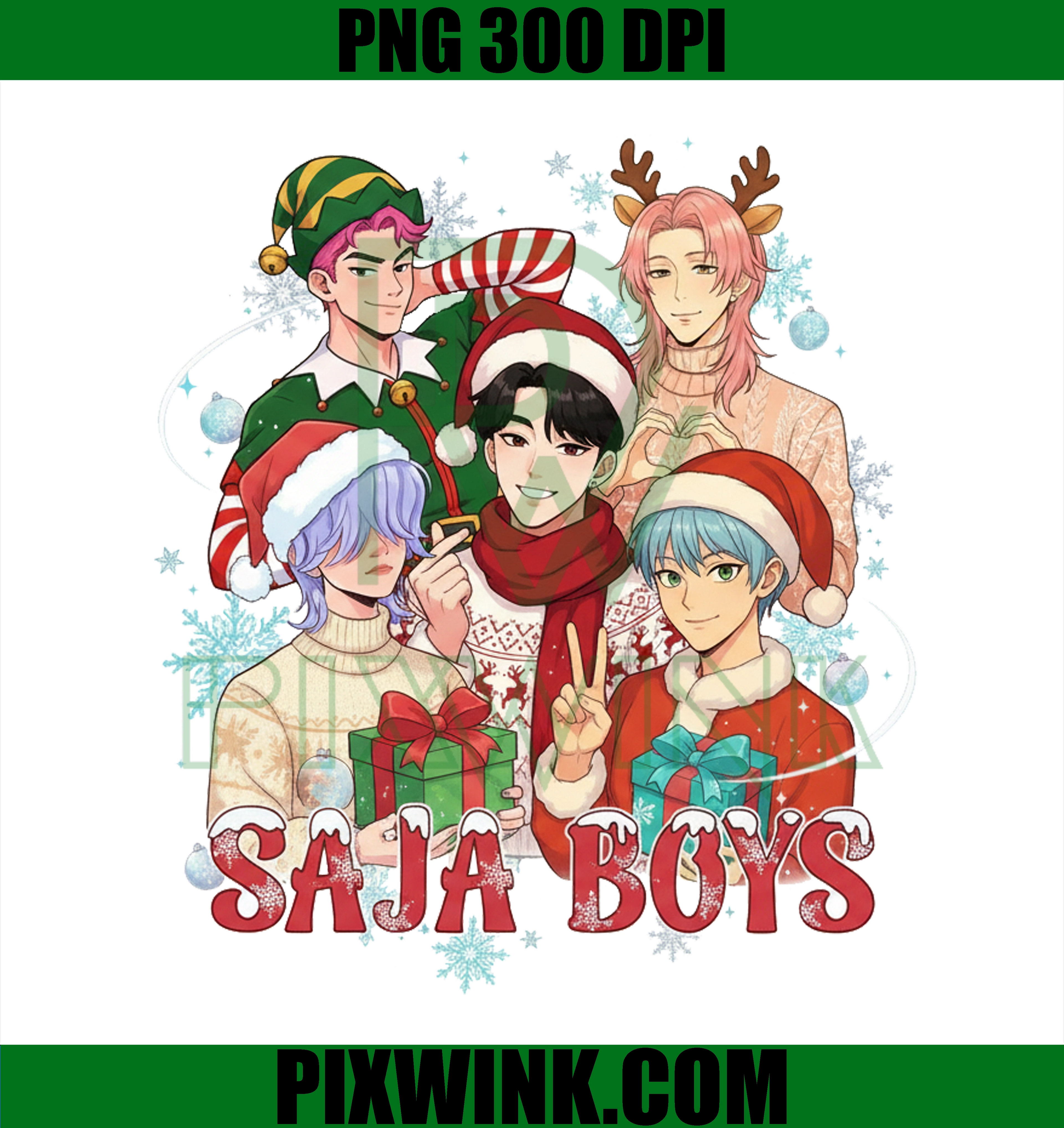 Saja Boys Christmas PNG, Kpop Anime Boy Group Holiday Clipart, Cute Xmas Aesthetic Digital Art 300 DPI