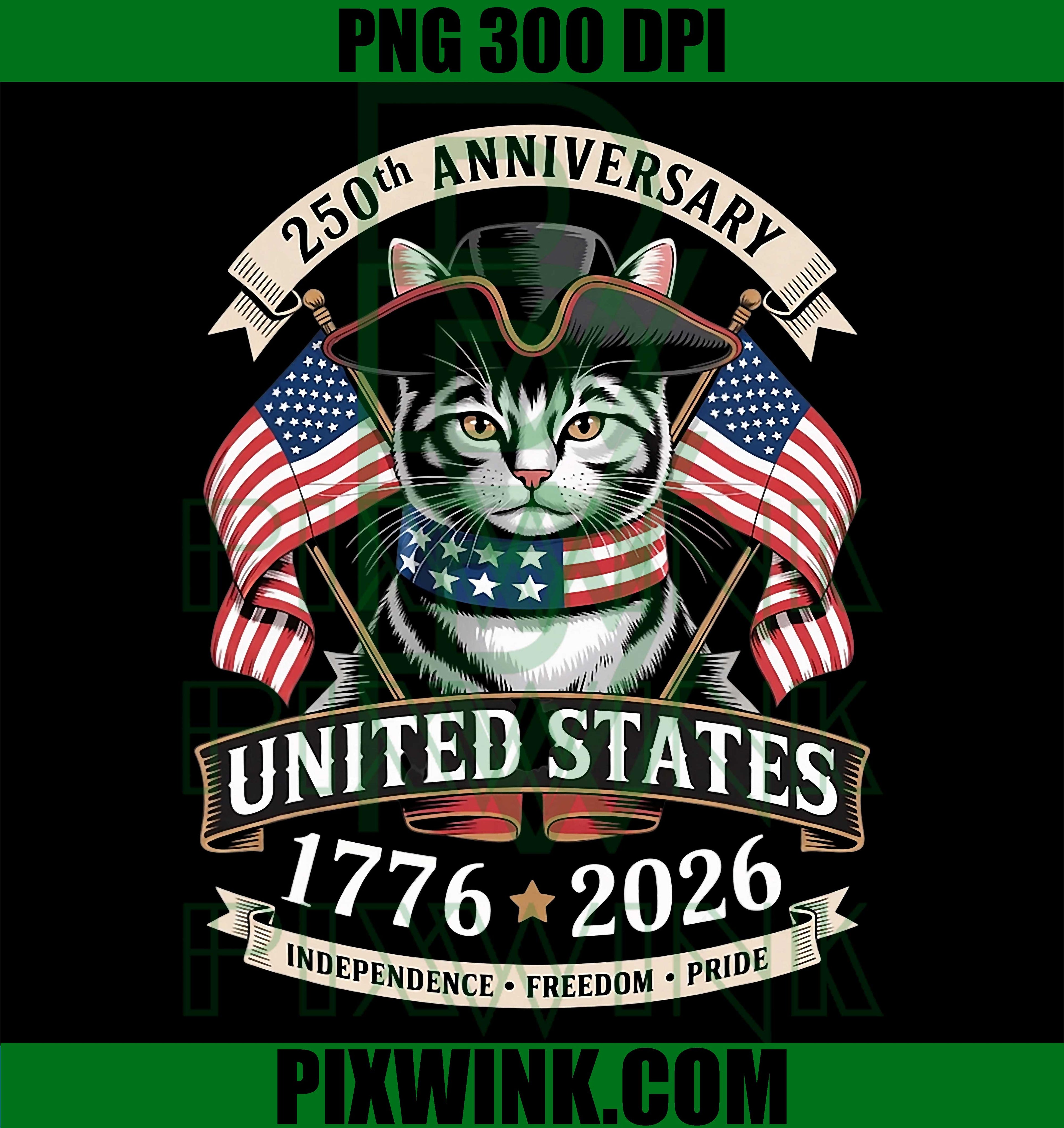 250th Anniversary America Cat PNG, Patriotic USA 4th July PNG