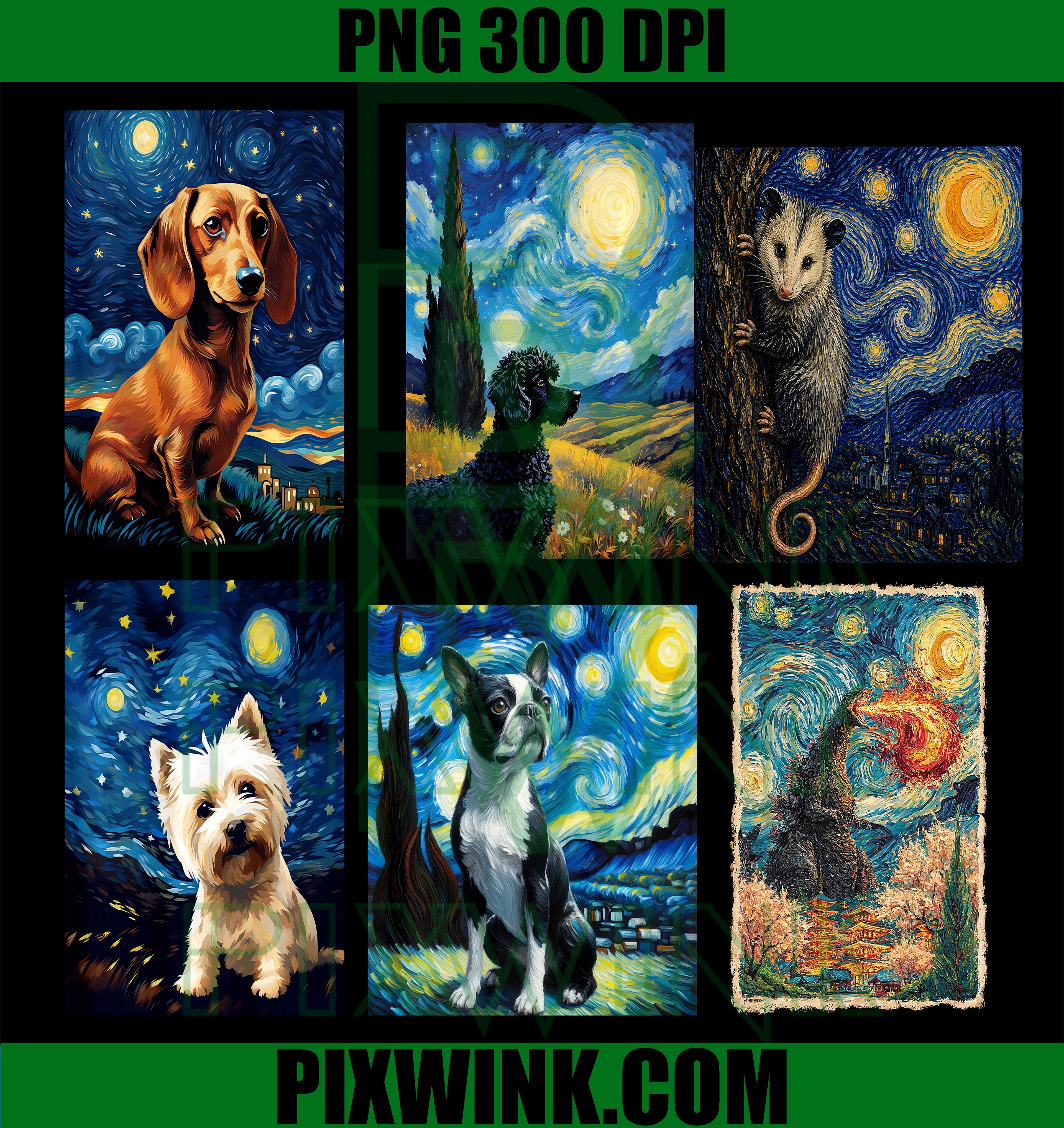 Starry Night Dog Opossum Bundle PNG, Dachshund Poodle Godzilla PNG